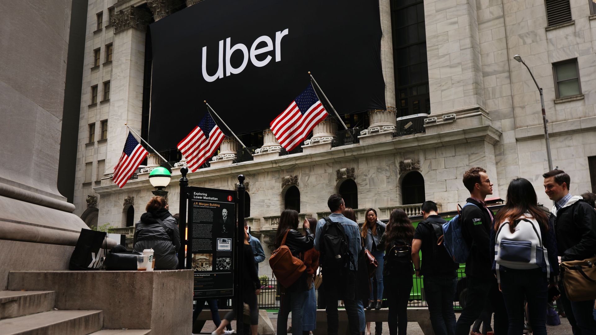 The Uber banner hangs outside of the New York Stock Exchange in 2019.
