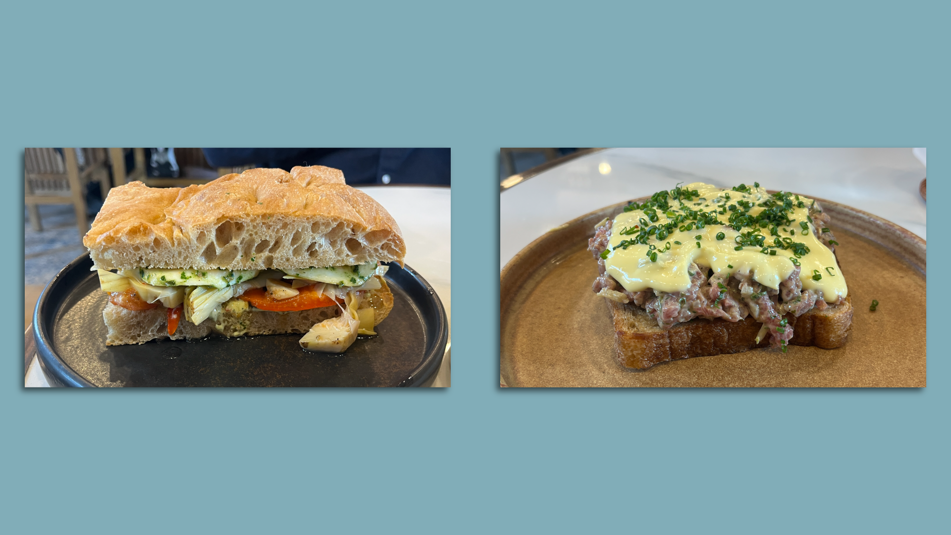 A sandwich on focaccia bread filled with veggies and a piece of toast topped with beef tartare and a béarnaise sauce.