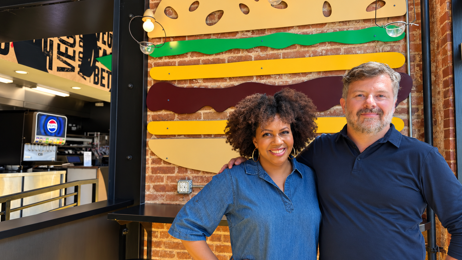 Smiling couple stands arm-in-arm in a brick-walled cafe with colorful wall art shaped like oversized hot dogs in yellow, green, orange and maroon; woman in a denim shirt, man in a navy polo.