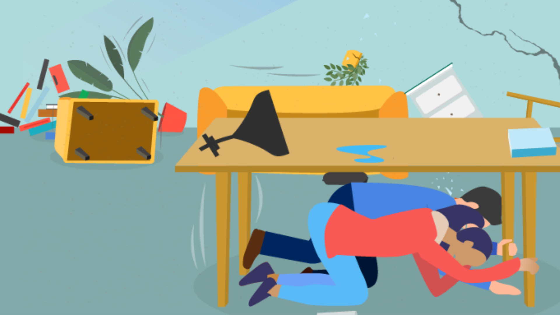 An illustration of people bracing under a table as an earthquake hits. 