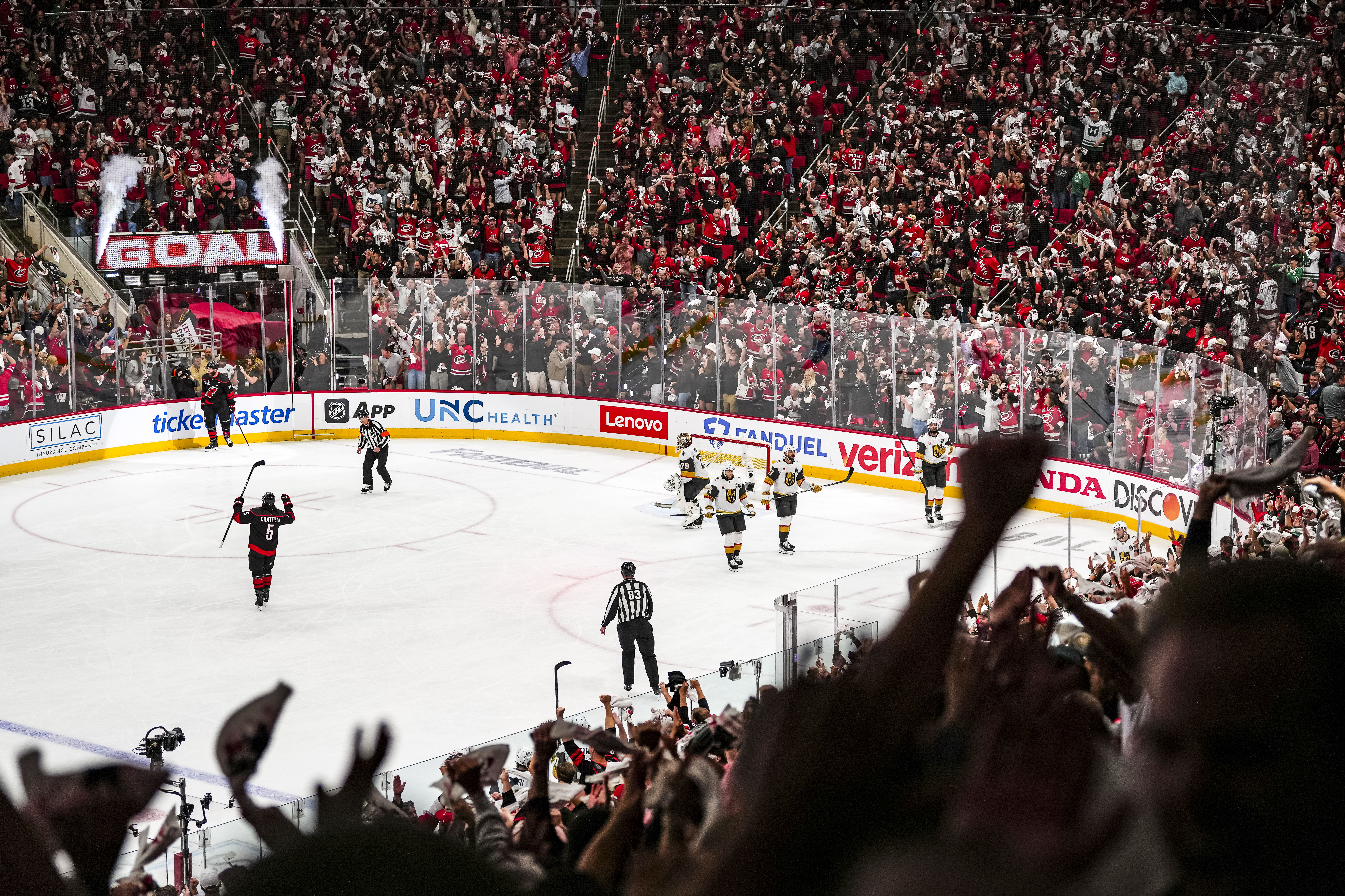 RALEIGH, NORTH CAROLINA - JUNE 11: Crowd erupts as Jordan Staal #11 of the Carolina Hurricanes scores a goal during the first period in Game Five of the 2026 Stanley Cup Final at Lenovo Center on June 11, 2026 in Raleigh, North Carolina. (Photo by NHL Images/NHLI via Getty Images)

