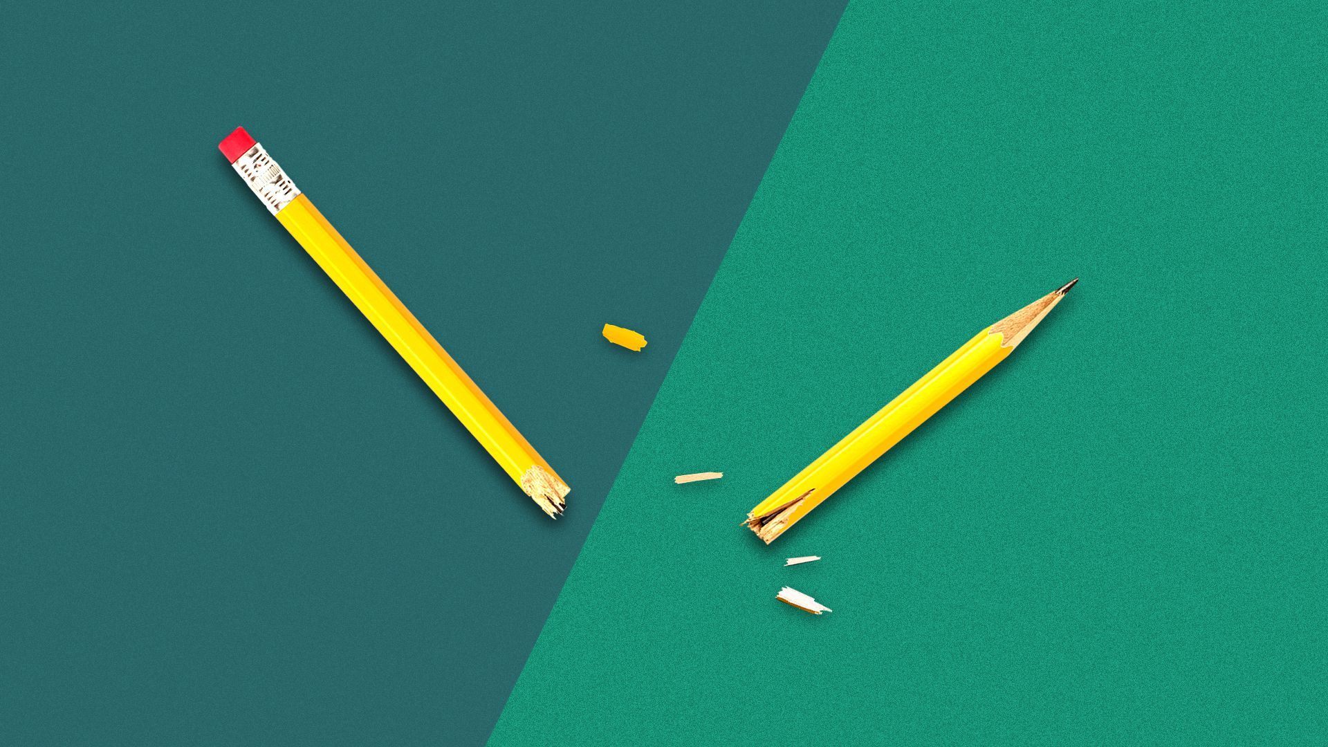 Illustration of a pencil broken in half on a divided background