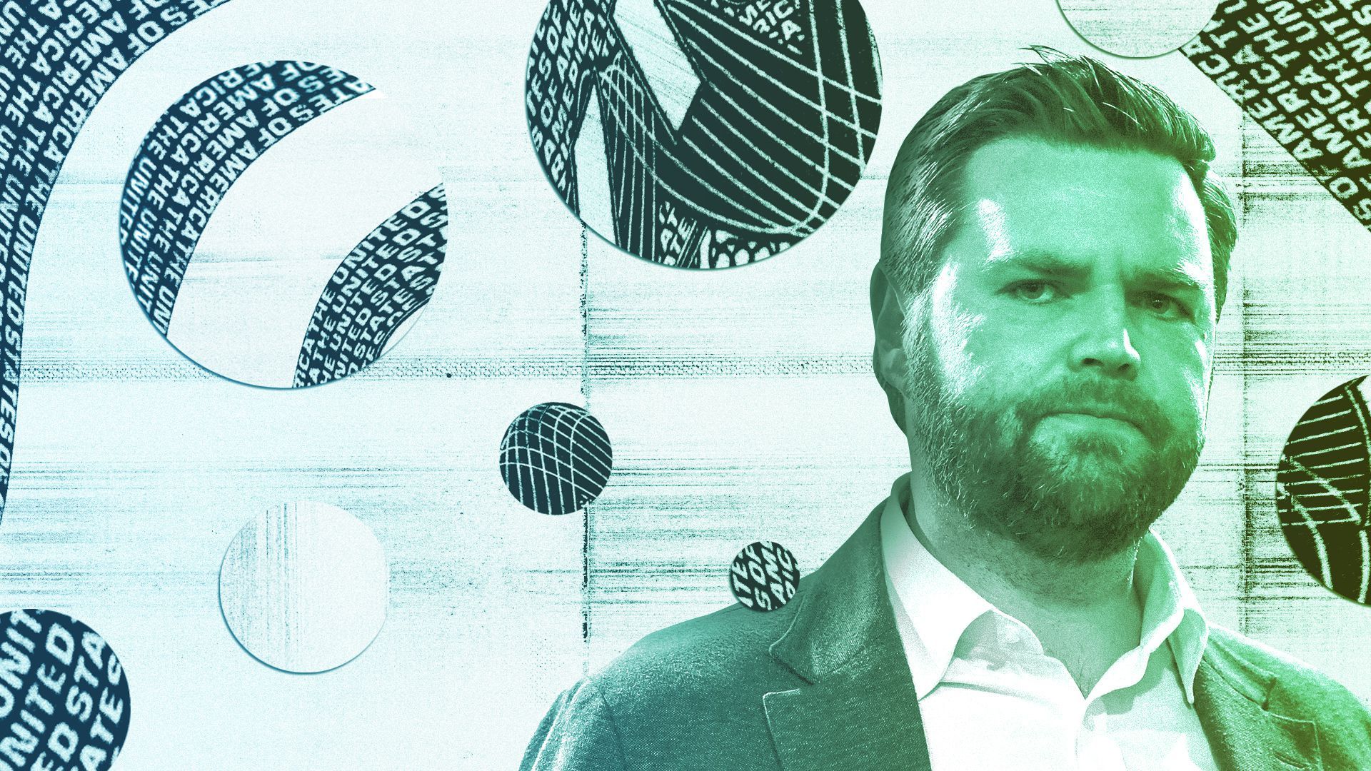 Photo illustration of J.D. Vance and elements of visa paperwork. 