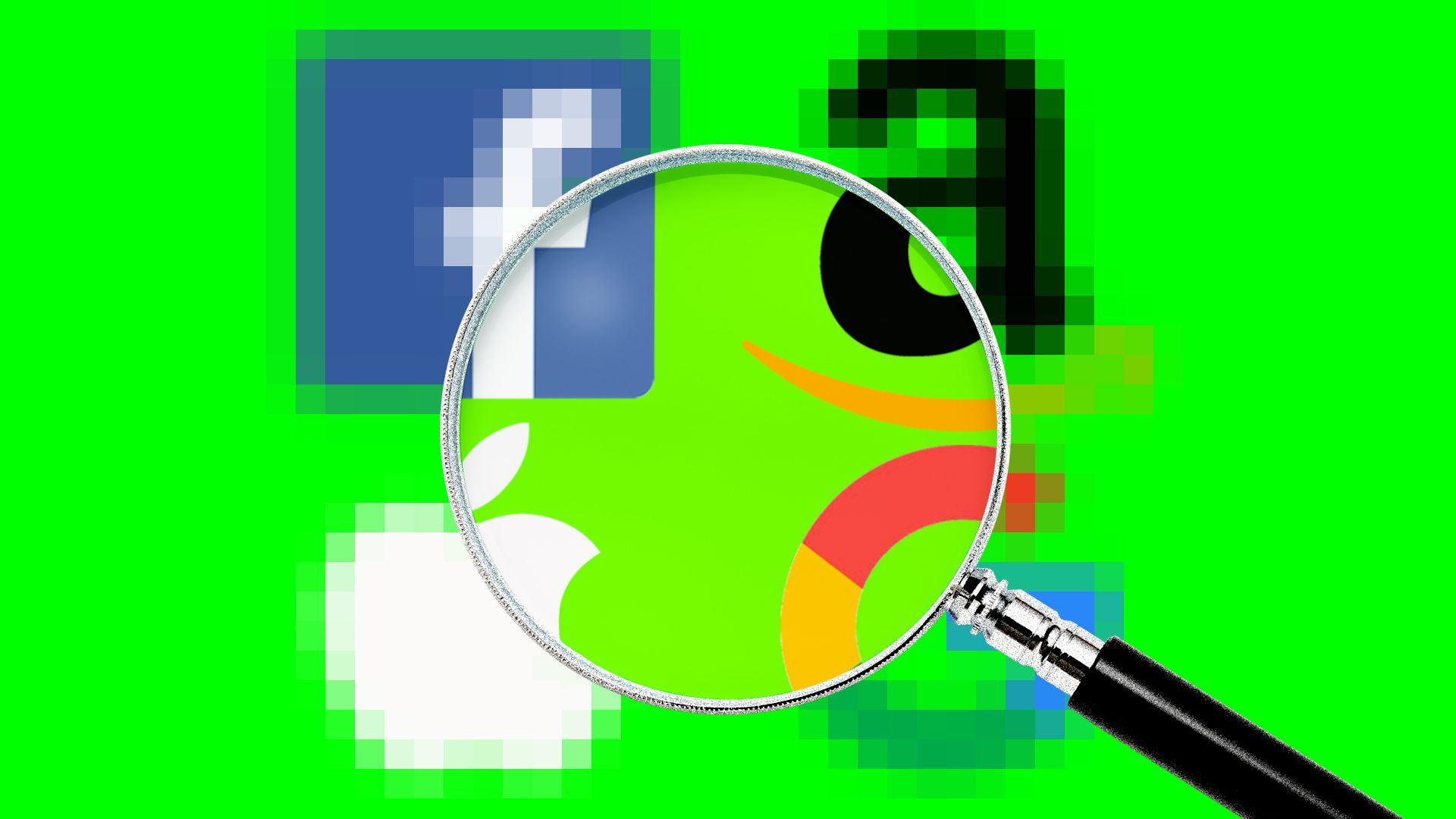 An illustration of a magnifying glass over the logos for Facebook, Amazon, Apple and Google.