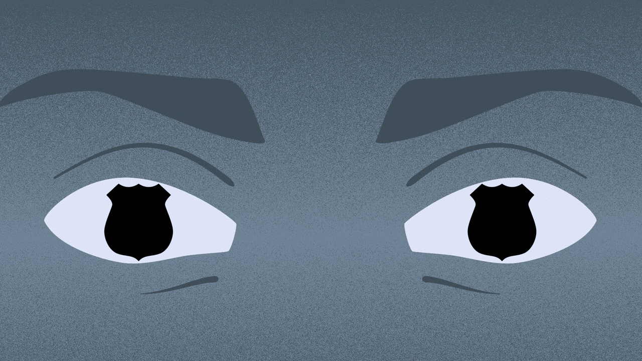 Illustration of a pair of blinking eyes with police badges for irises.