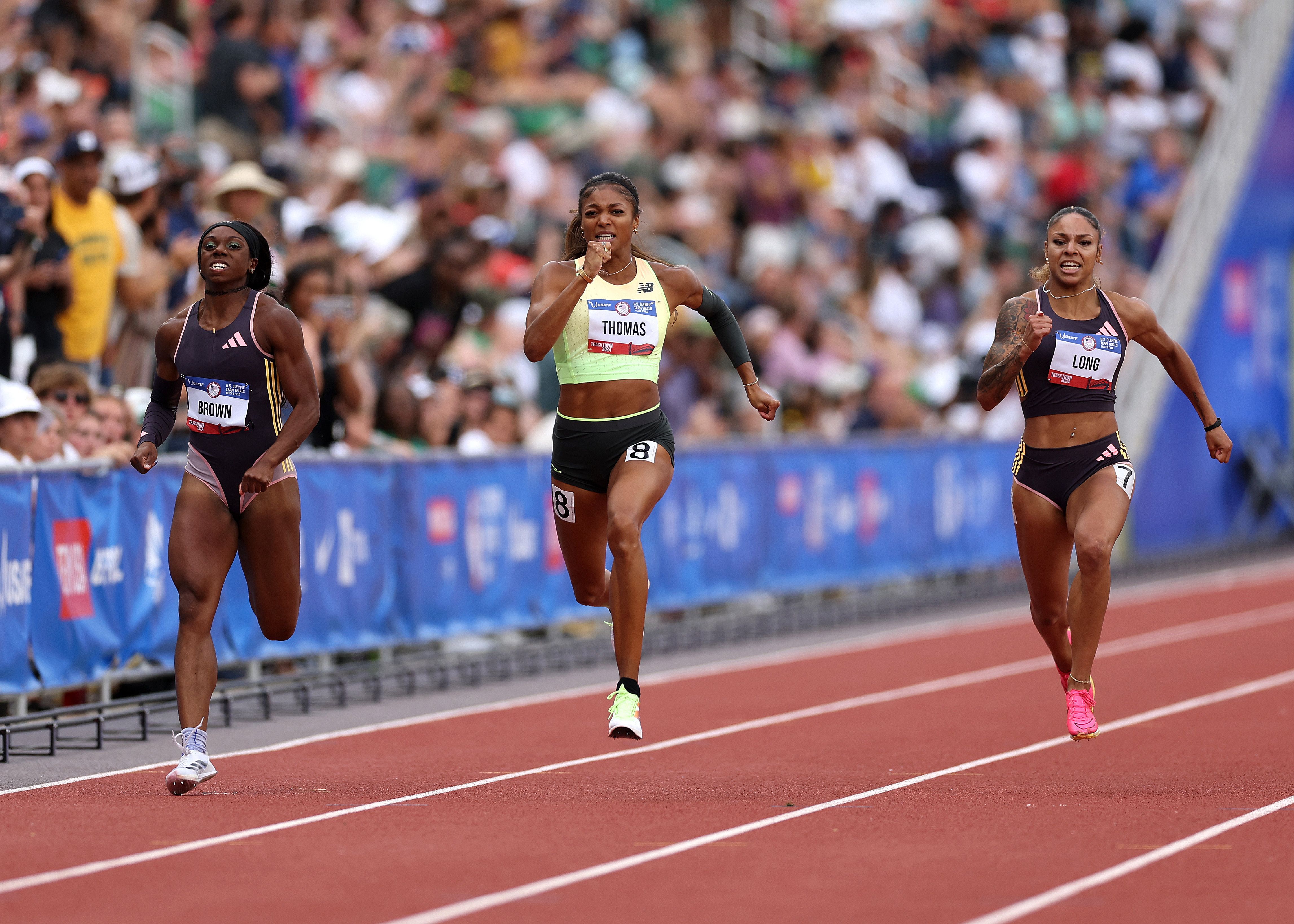 From left: Brittany Brown, Gabby Thomas and McKenzie Long compete in the women's 200-meter final U.S. Track & Field Olympic Trials at Hayward Field on Saturday, June 29, in Eugene, Oregon. Photo: Christian Petersen/Getty Images