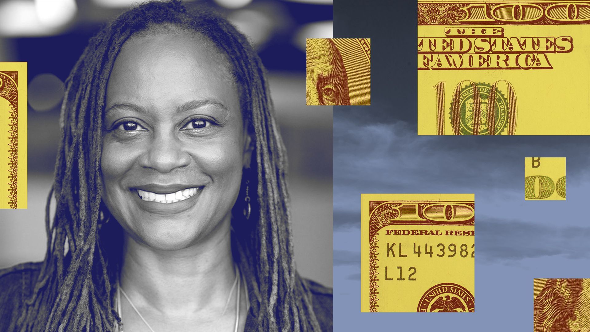 Photo illustration of Tracy Gray with abstract money shapes and a sky background.