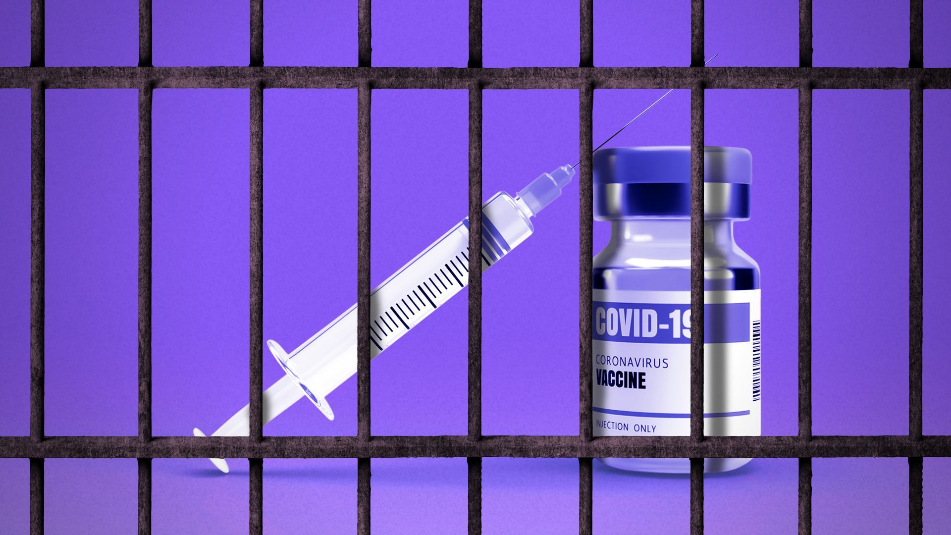 Syringe and COVID-19 vaccine vial behind prison bars.
