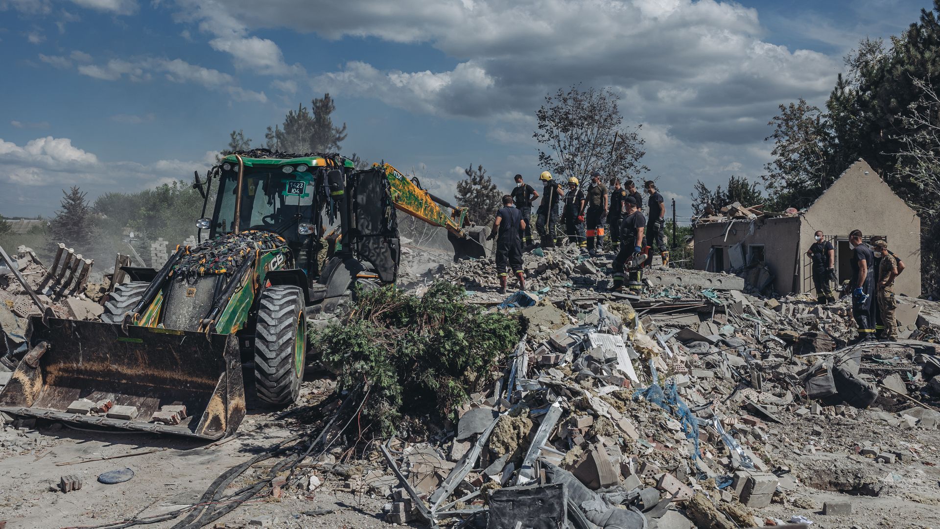 Emergency workers search for people under the rubble after the Russian shelling in Kramatorsk, Ukraine.