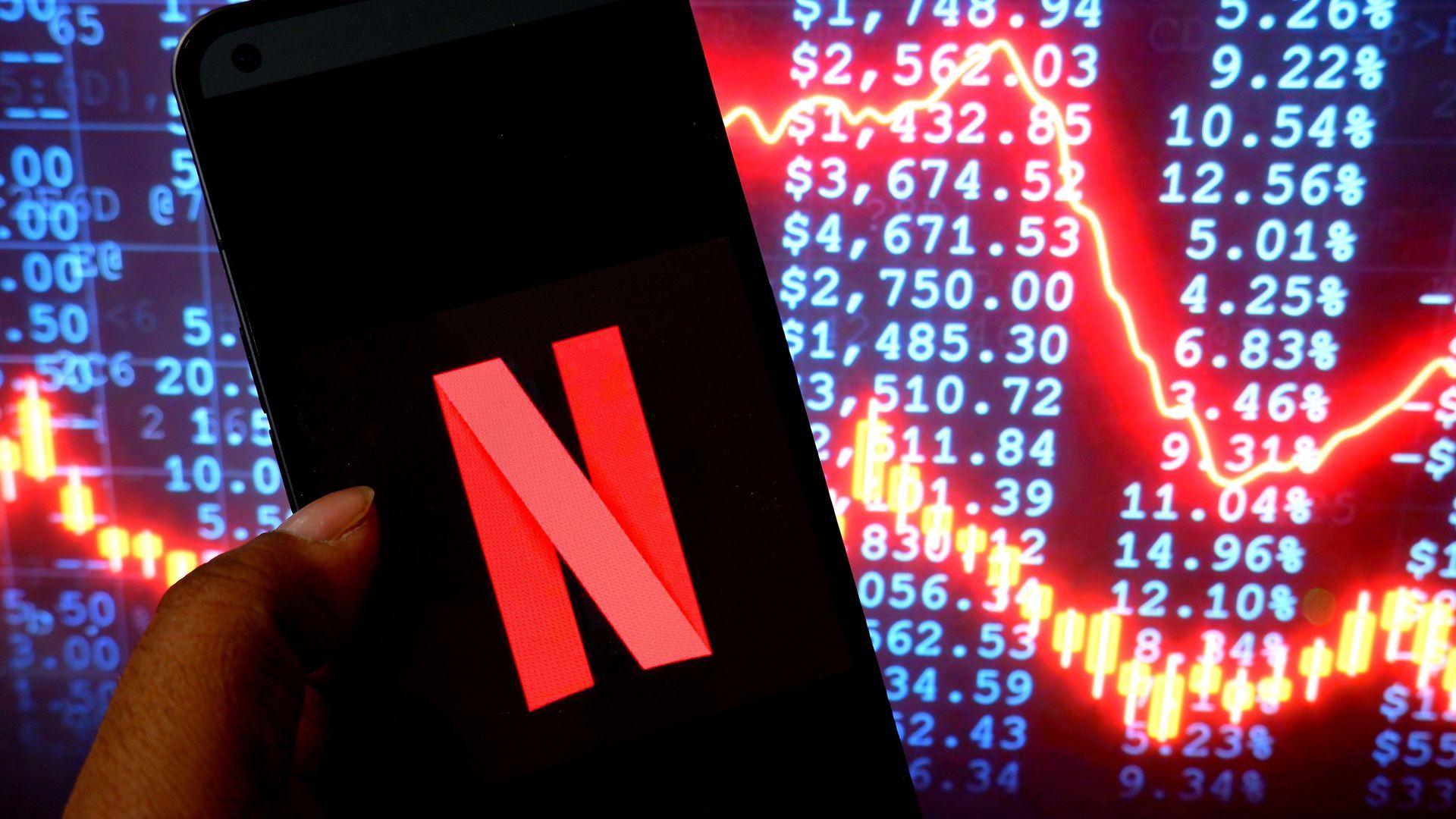 A photo illustration of the Netflix logo on a smartphone in front of a stock table and chart