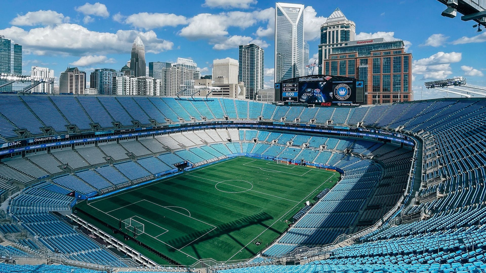Bank of America Stadium with the Charlotte FC skyline. 