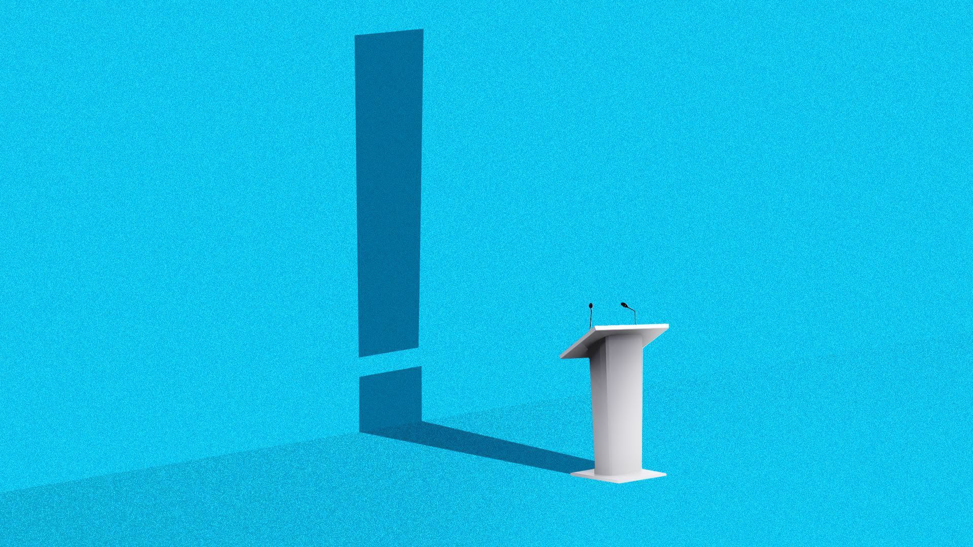 A debate lectern with the shadow of an exclamation point behind it
