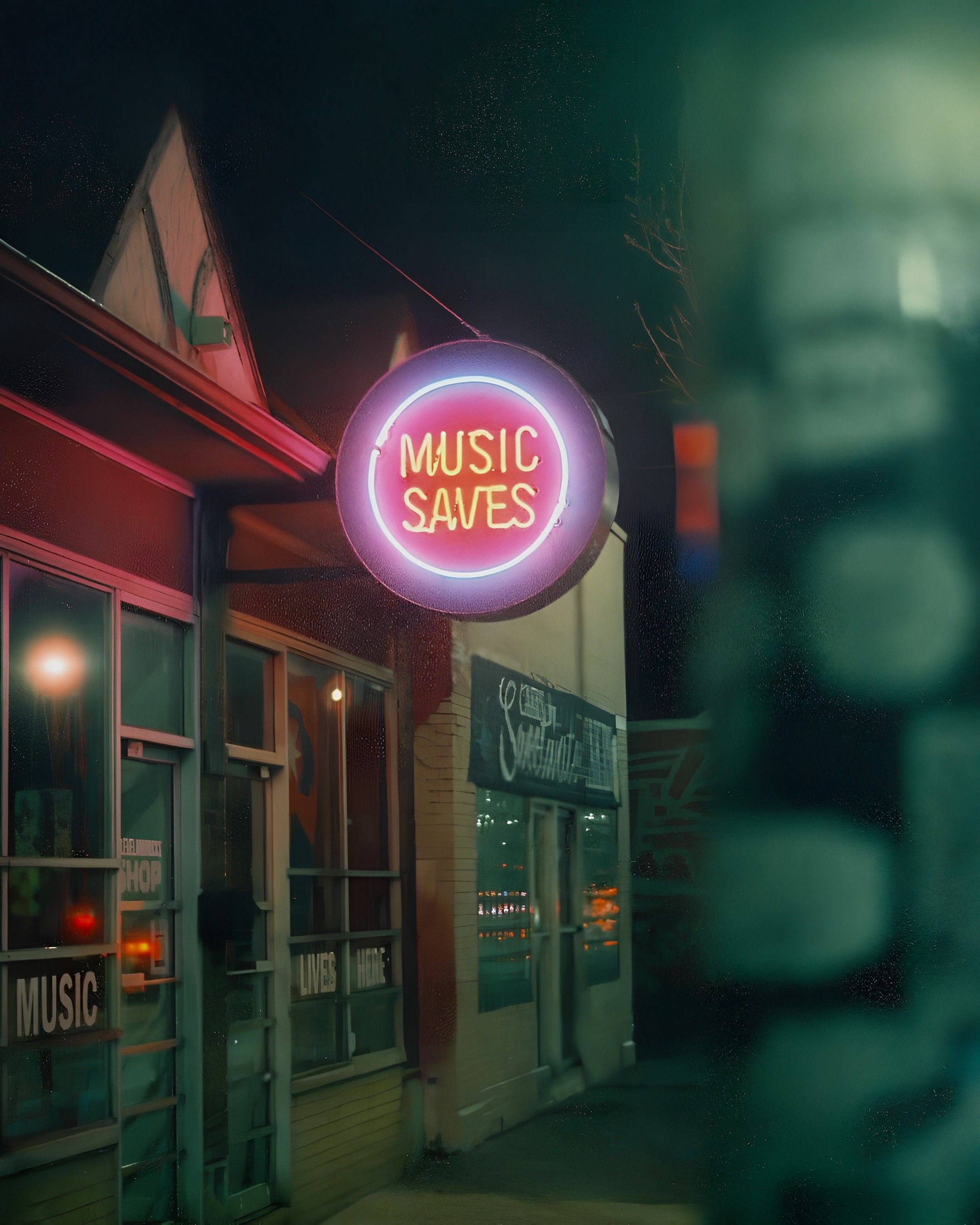 Outside of a storefront with a circular sign that reads "Music Saves" in neon lights. 