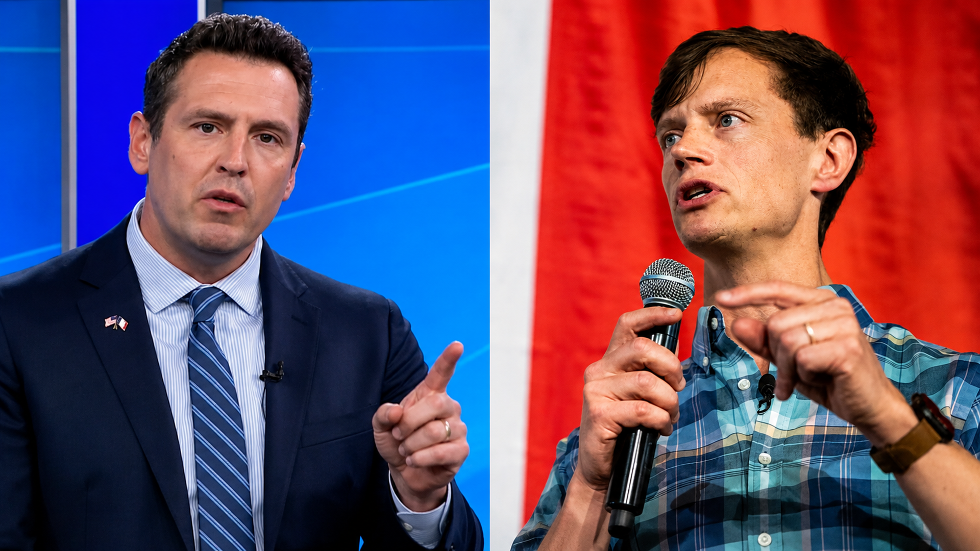 Split-screen: left a man in a navy suit with striped tie and flag lapel pin against a blue studio backdrop; right a man in a blue plaid shirt speaks into a microphone against a red backdrop.