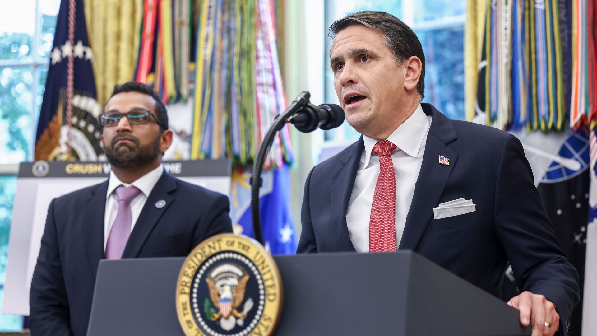 Deputy Attorney General Todd Blanche (right) and FBI Director Kash Patel appear at a White House news conference. Photo: Jim Lo Scalzo/EPA/Bloomberg via Getty Images