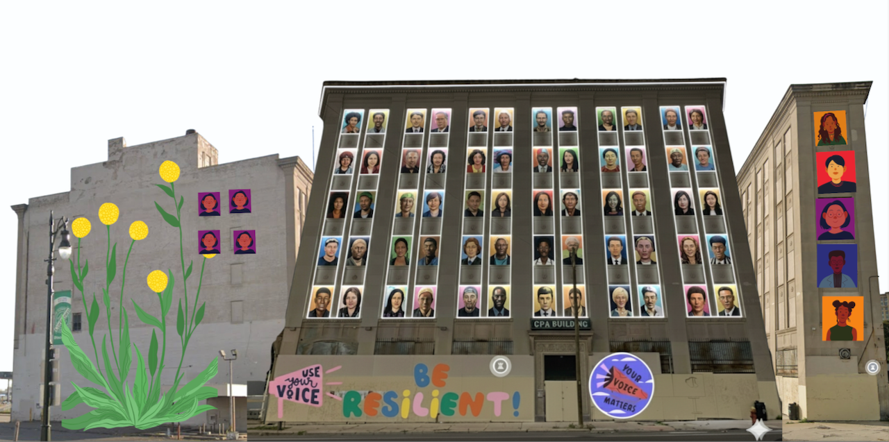 A rendering of portraits in the windows of the CPA Building in Corktown
