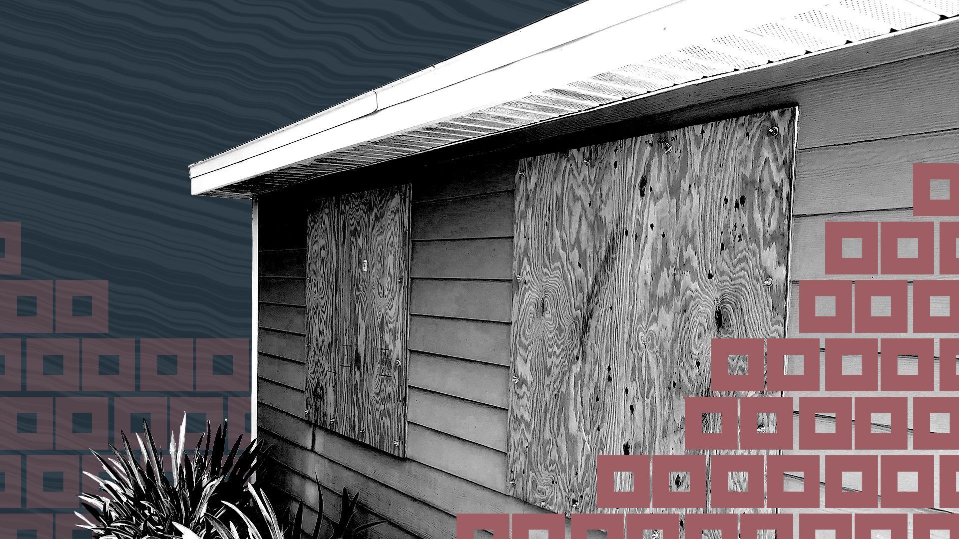 Illustration of a house boarded up with plywood with a hurricane flag pattern and wavy lines.