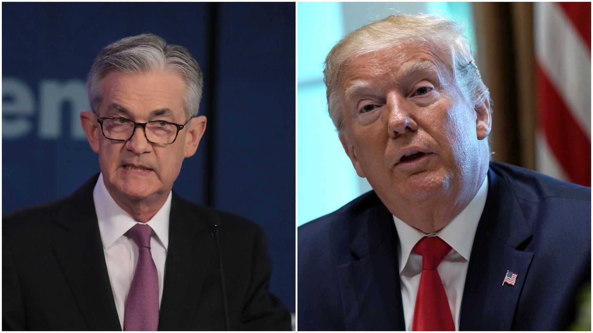 This image is a two-way splitscreen between Powell and Trump.