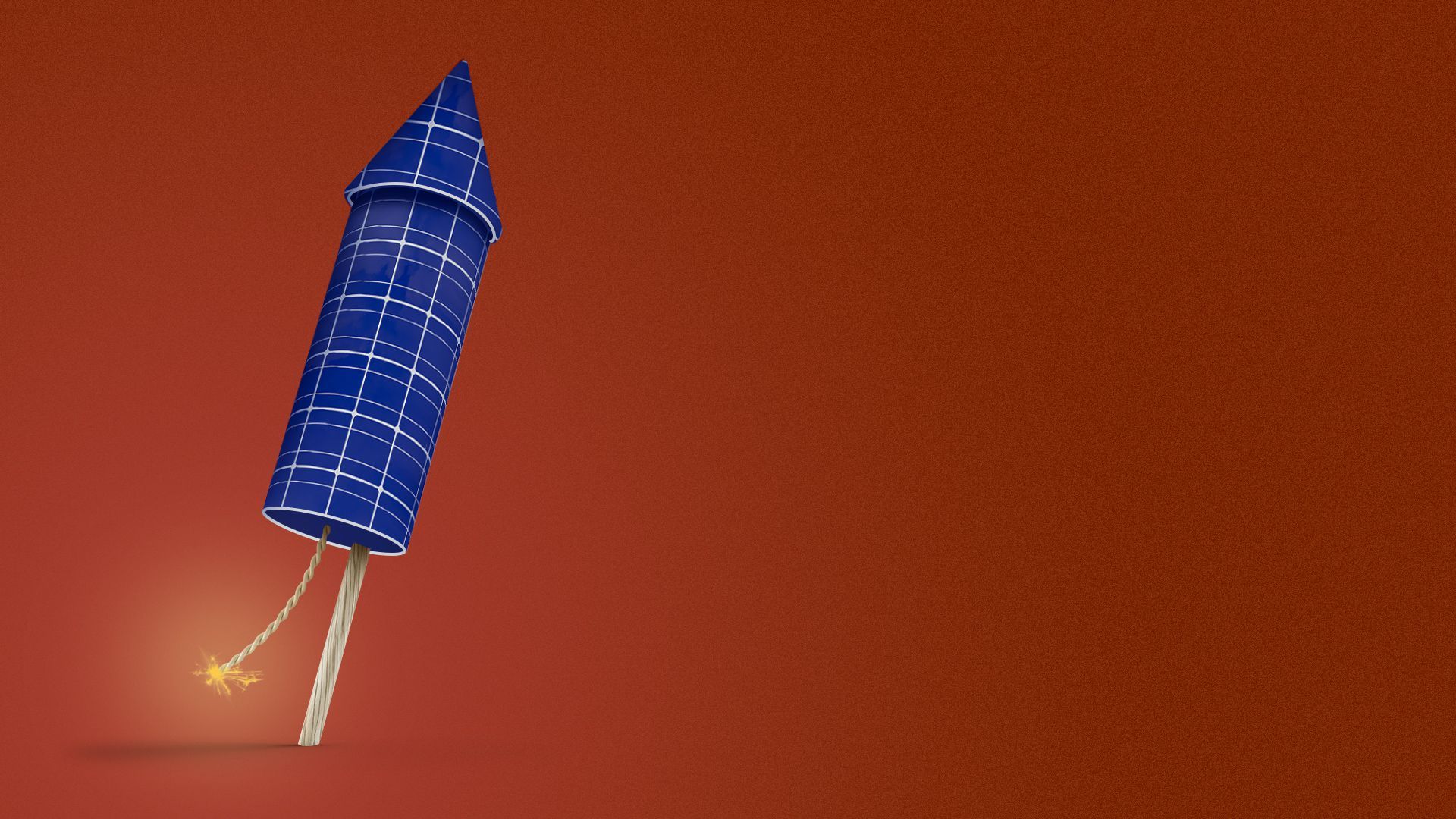 Illustration of a firecracker rocket made from solar panels with a lit fuse. 