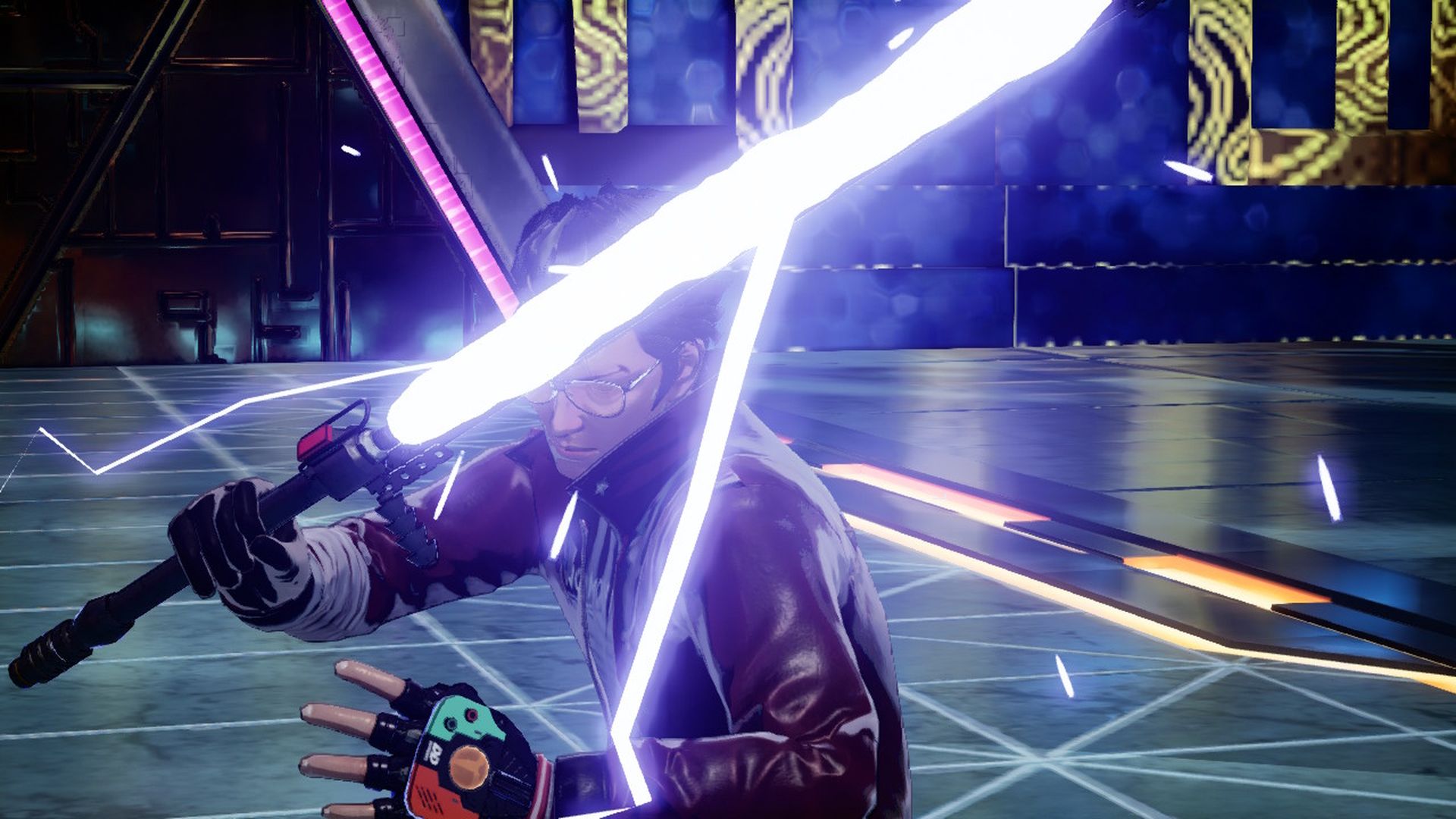 Screenshot of a video game character: a man in sunglasses holding a lightsaber-like weapon