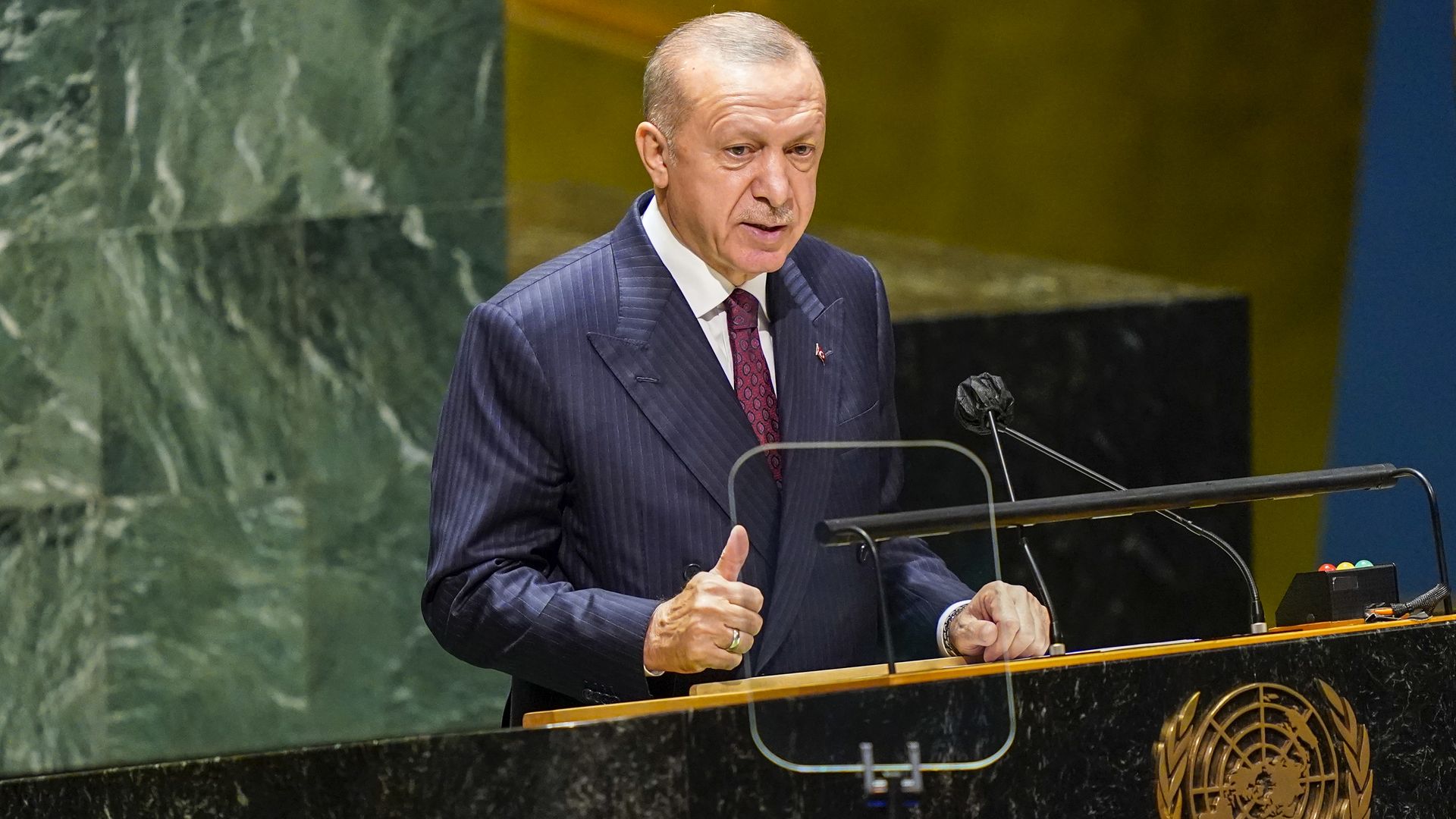 Turkish President Recep Tayyip Erdoğan speaks during the annual gathering in New York City for the 76th session of the United Nations General Assembly (UNGA) on September 21, 2021 