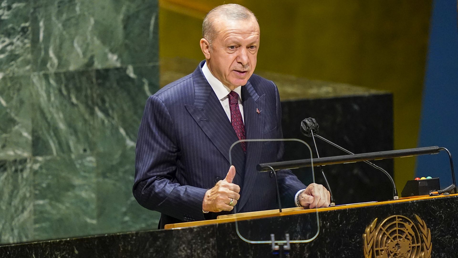 Turkish President Recep Tayyip Erdoğan speaks during the annual gathering in New York City for the 76th session of the United Nations General Assembly (UNGA) on September 21, 2021