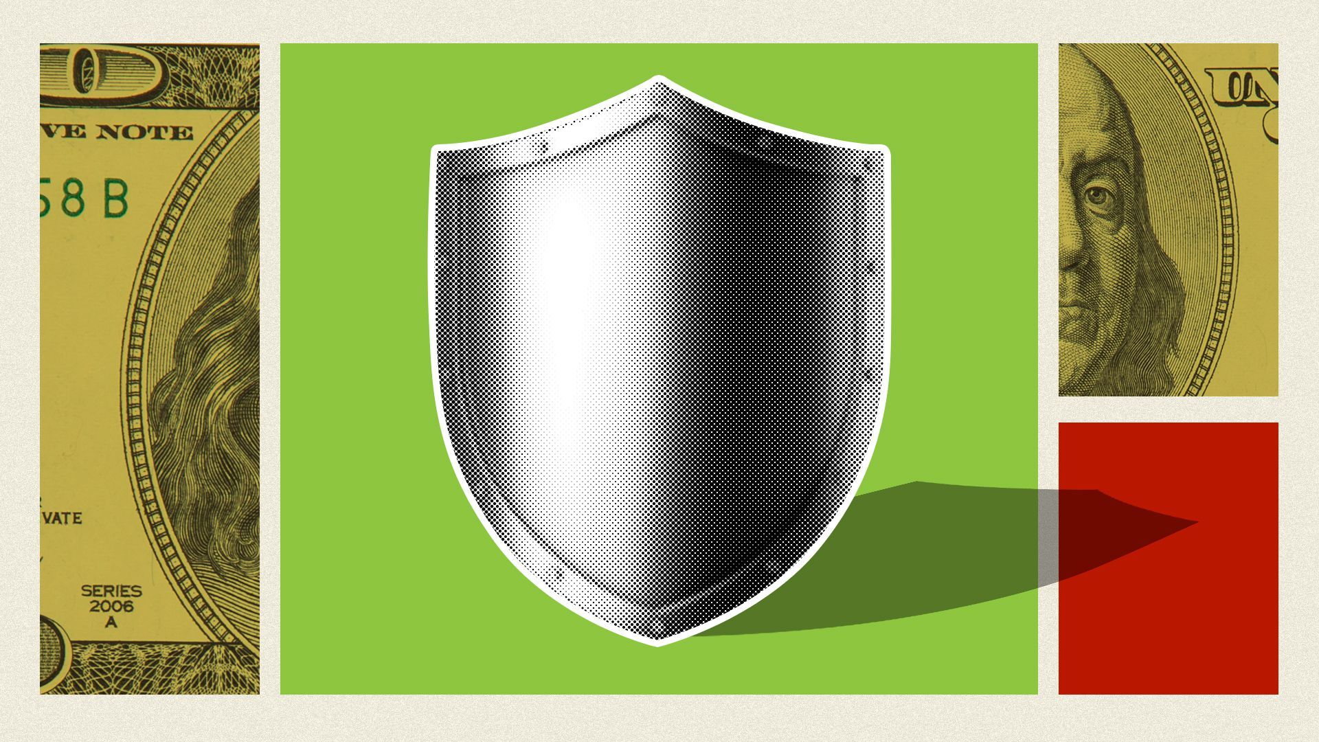 Photo collage of a shield and money. 