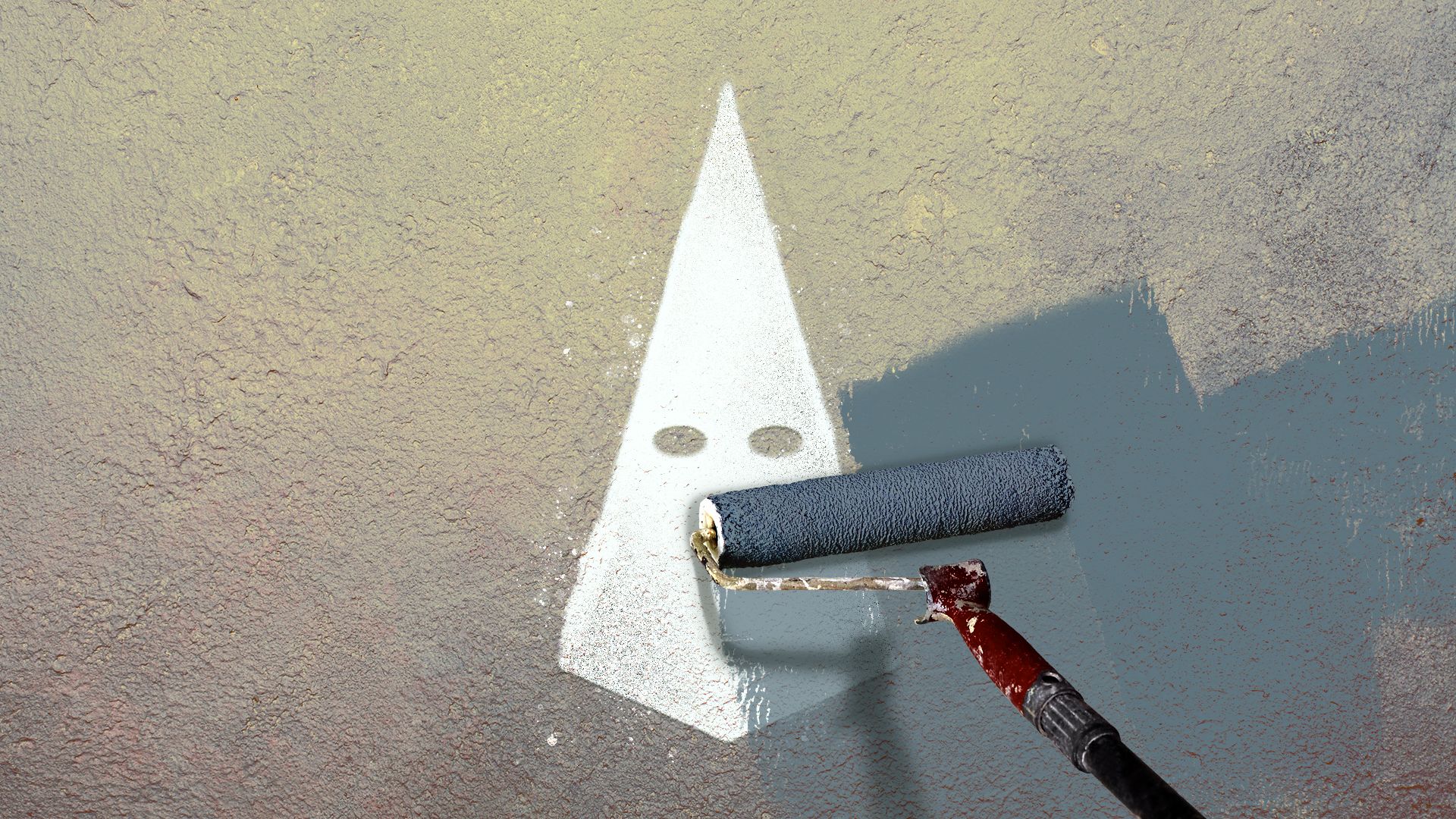 Illustration of a wall with a Klu Klux Klan white hood spraypainted on it. A paint roller is rolling gray blue-gray paint over the hood.