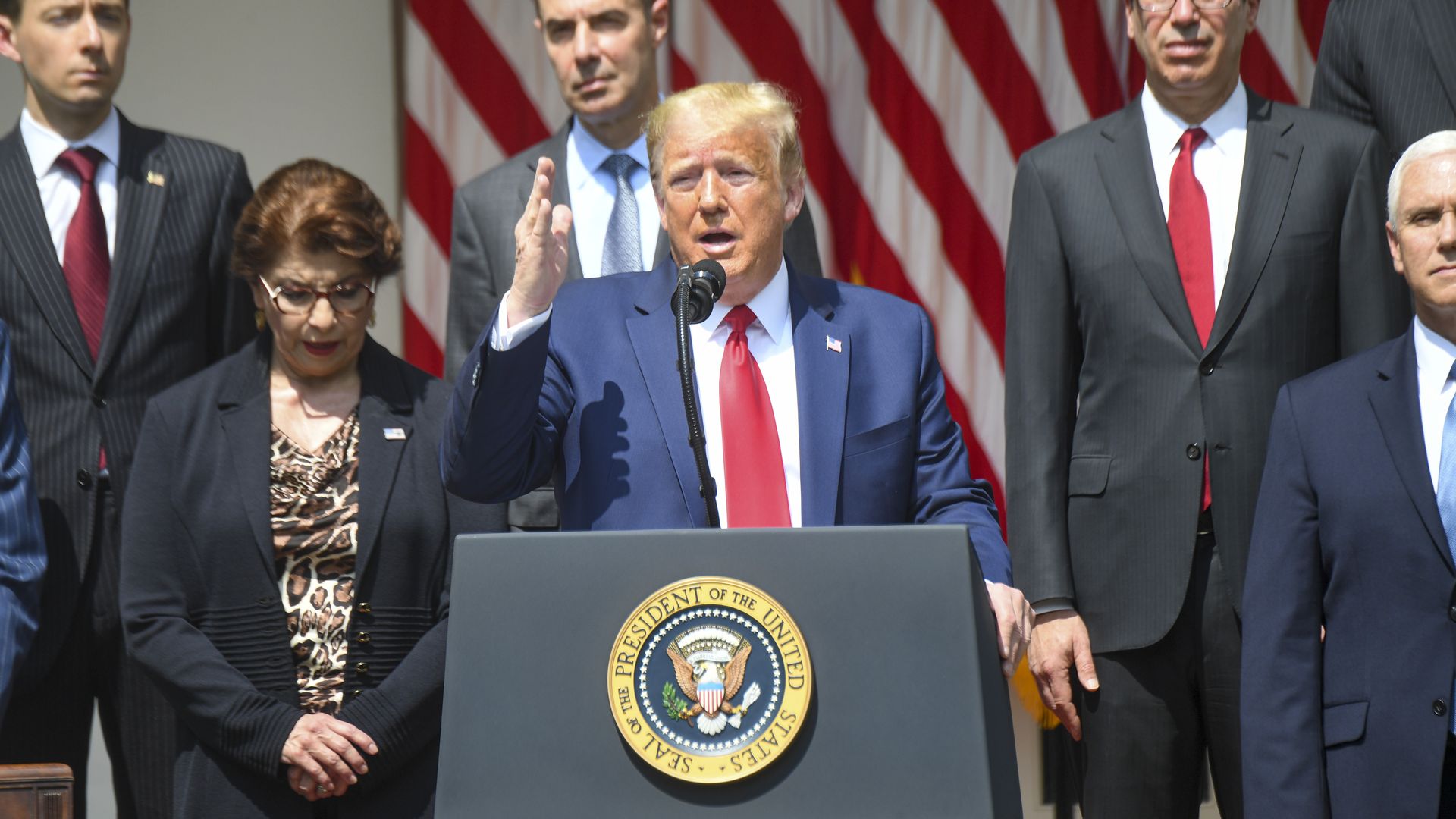 President Trump speaking in the Rose Garden following the release of the jobs report on May 5, 2020