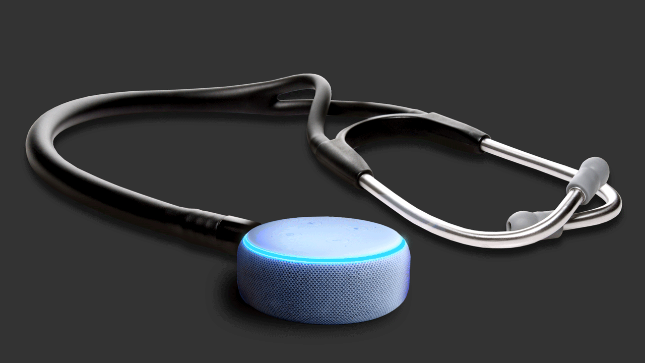 Animated illustration of a stethoscope with an Alexa at the end, replacing the diaphragm piece