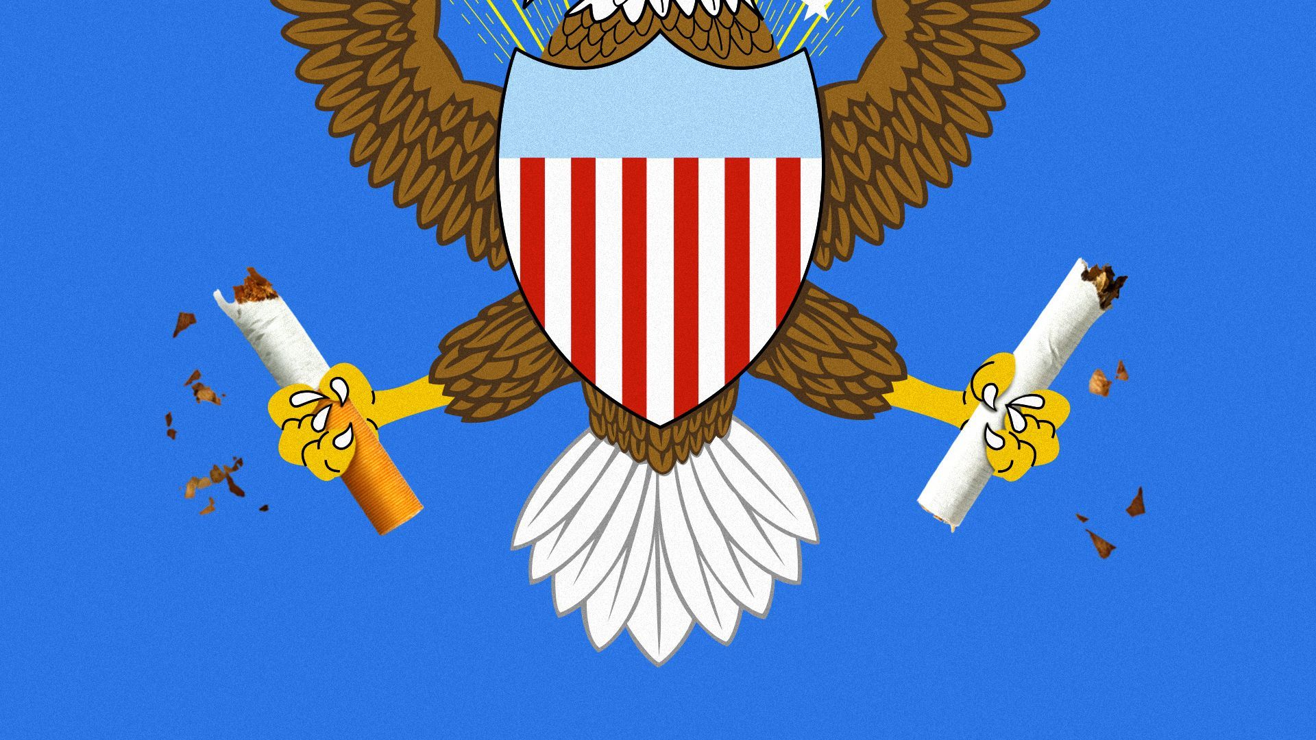 Illustration of the eagle from the Presidential seal tearing a cigarette in half.