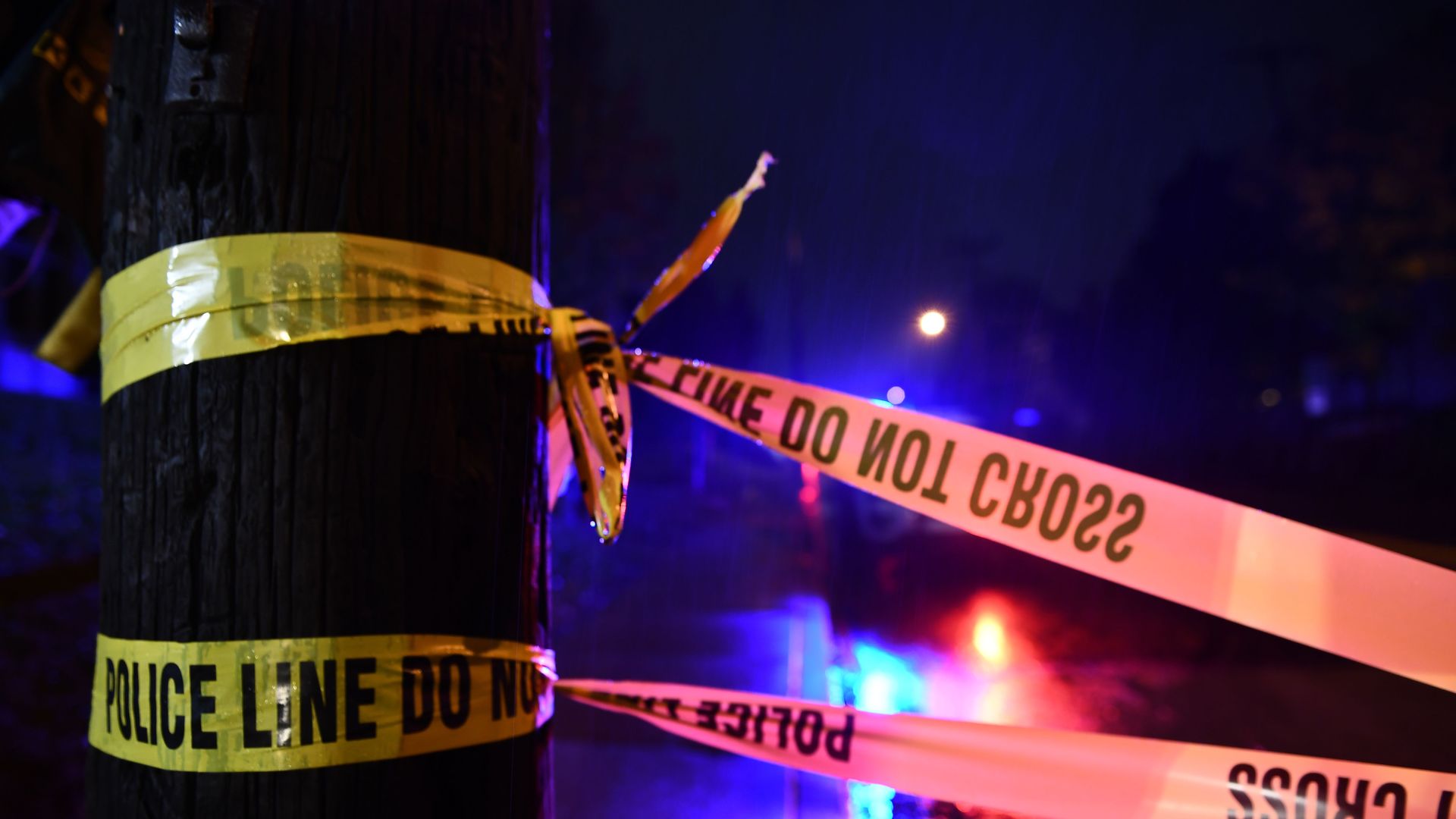 Yellow "Police Line Do Not Cross" tape wrapped around a dark wooden pole at night with blurred blue and red emergency lights reflecting on a wet street in the background.