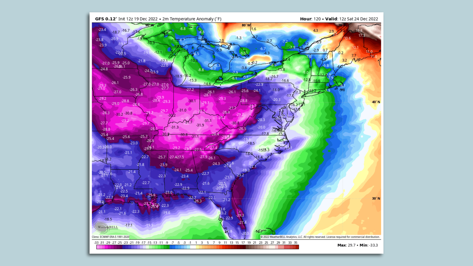 A map showing below average temperatures for Christmas