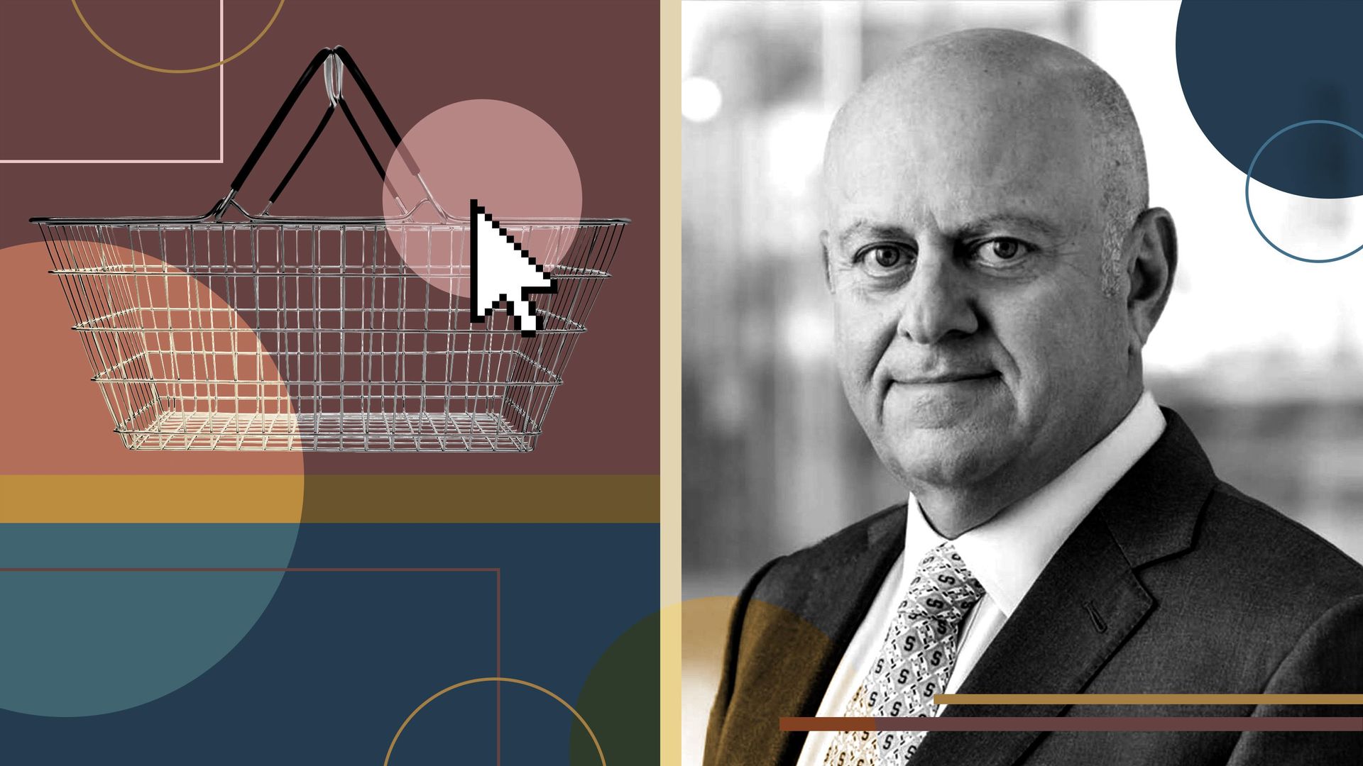 Photo illustration of Hamid Moghadem, CEO of Prologis, with an image of a shopping cart and abstract shapes.