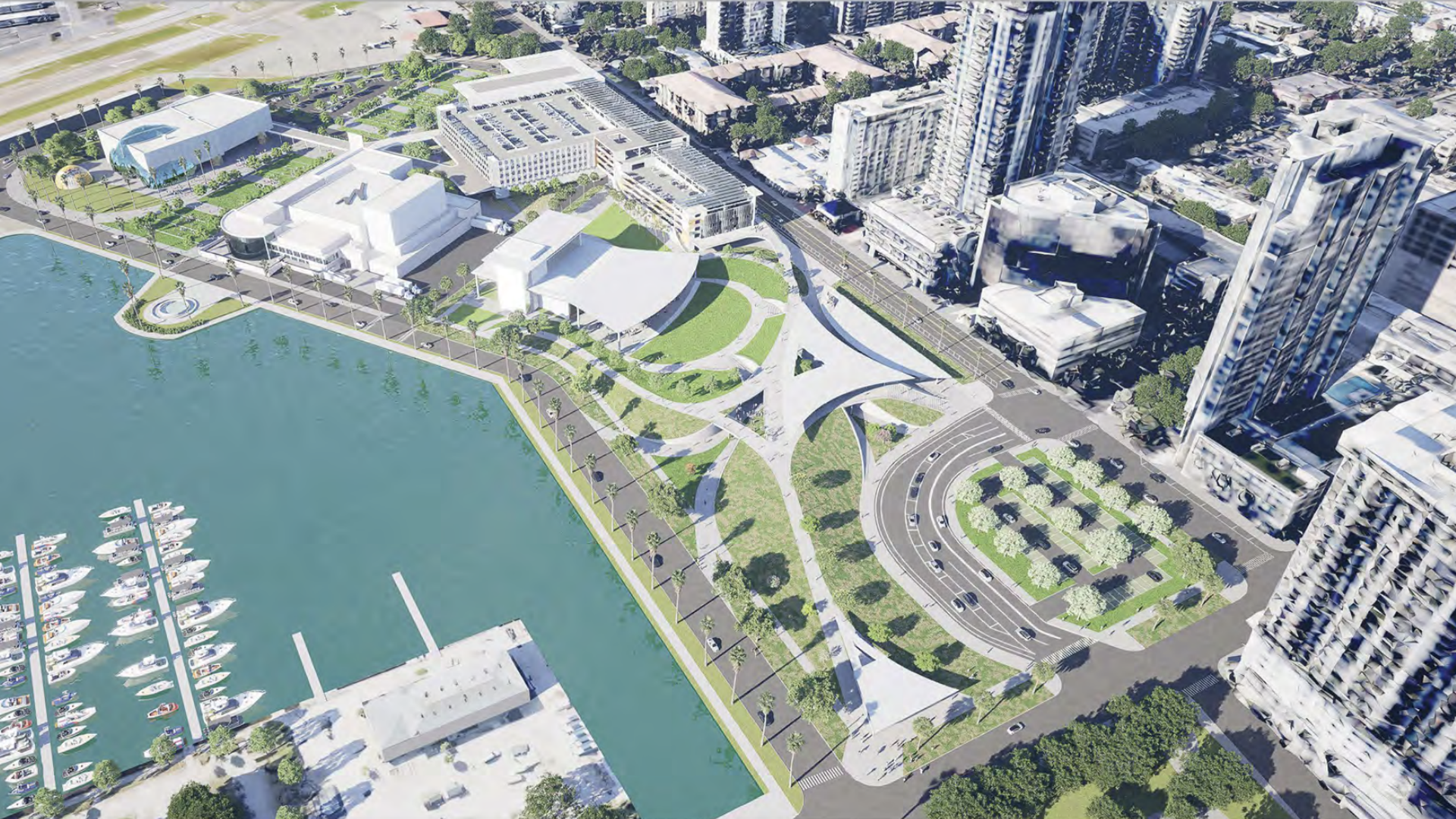 A rendering showing a waterfront development in a city. 
