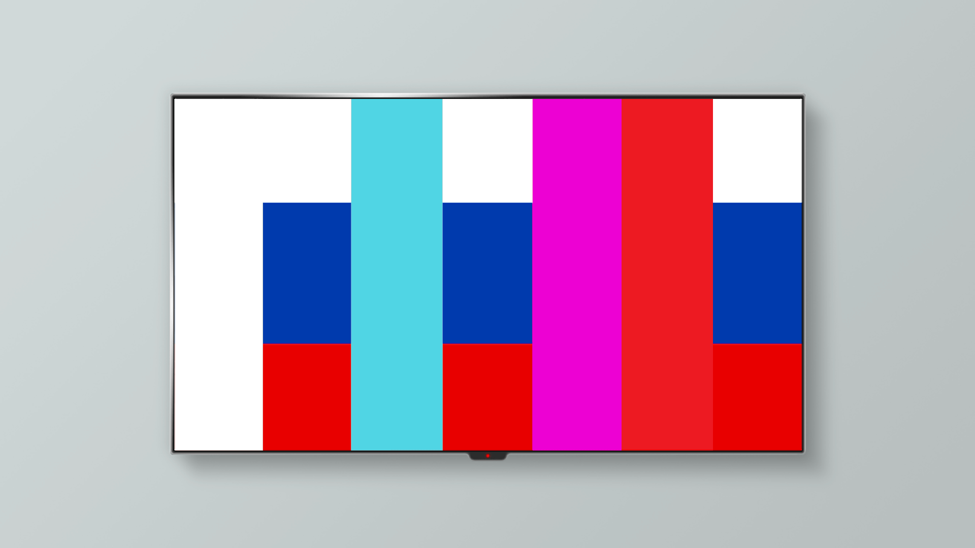 Illustration of a TV flickering between no signal and a Russian flag