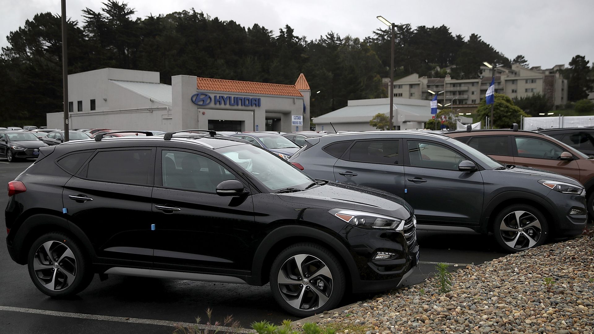 Hyundai Santa Fe SUVs are displayed at a Hyundai dealership on April 7, 2017 in Colma, California. 