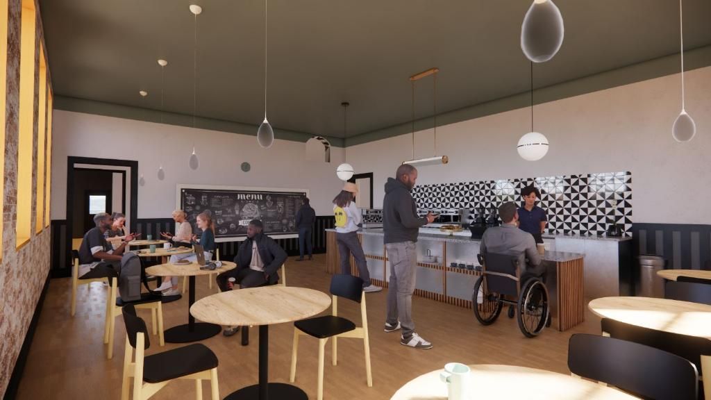 A rendering of the inside of the cafe