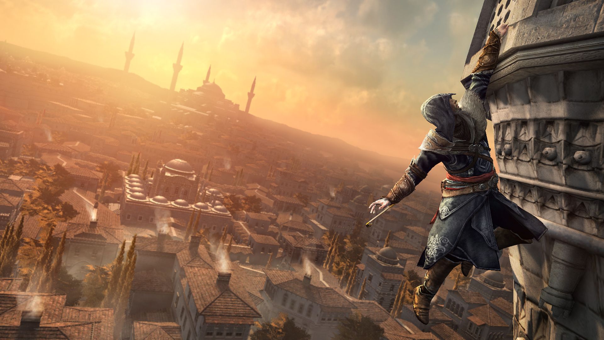 A screenshot from Assassin's Creed Revelations shows a character hanging off of a building.
