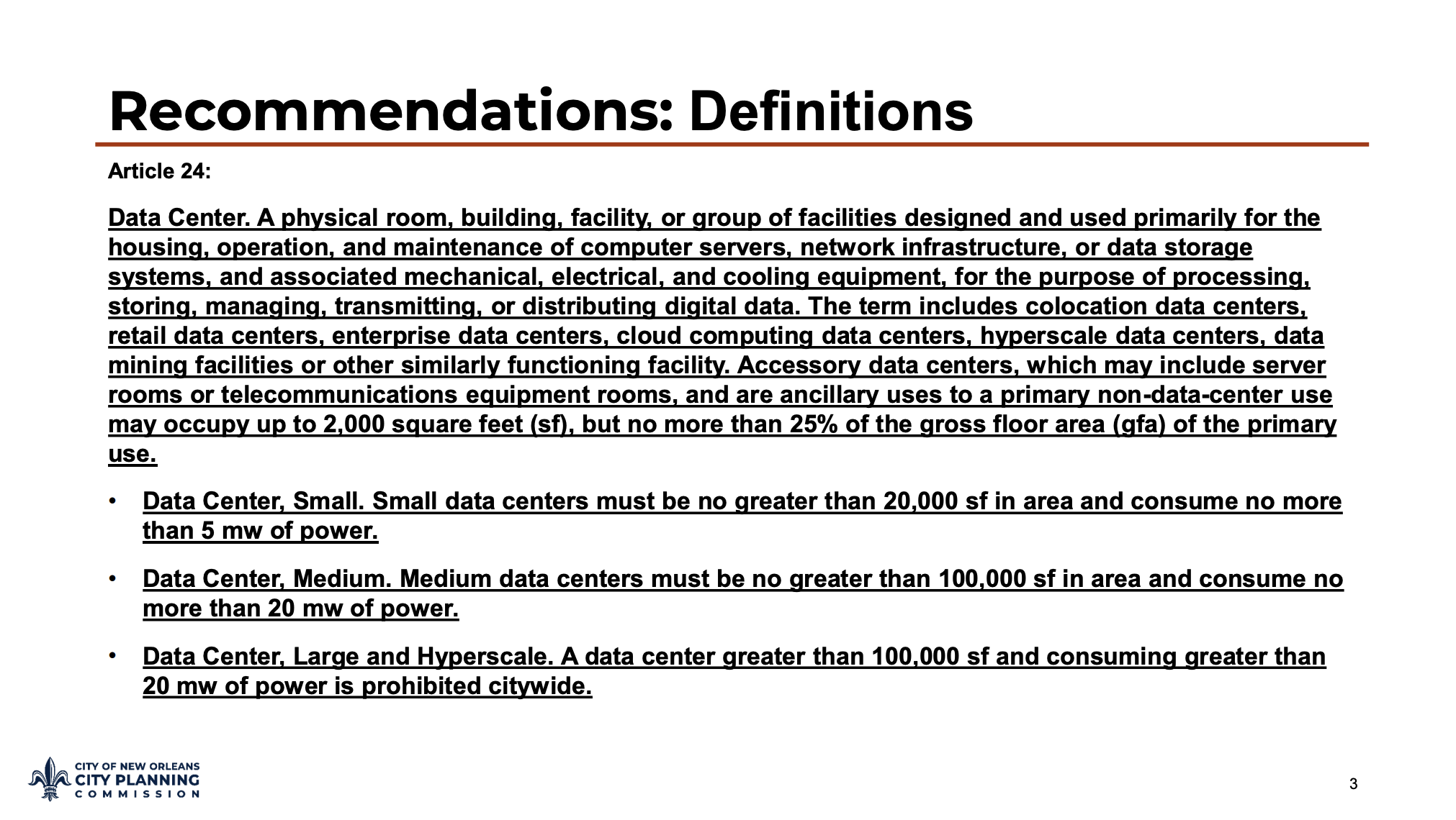 Page titled "Recommendations: Definitions" showing Article 24 data center definitions in bold with bullets; City of New Orleans Planning Commission logo bottom left and page 3.