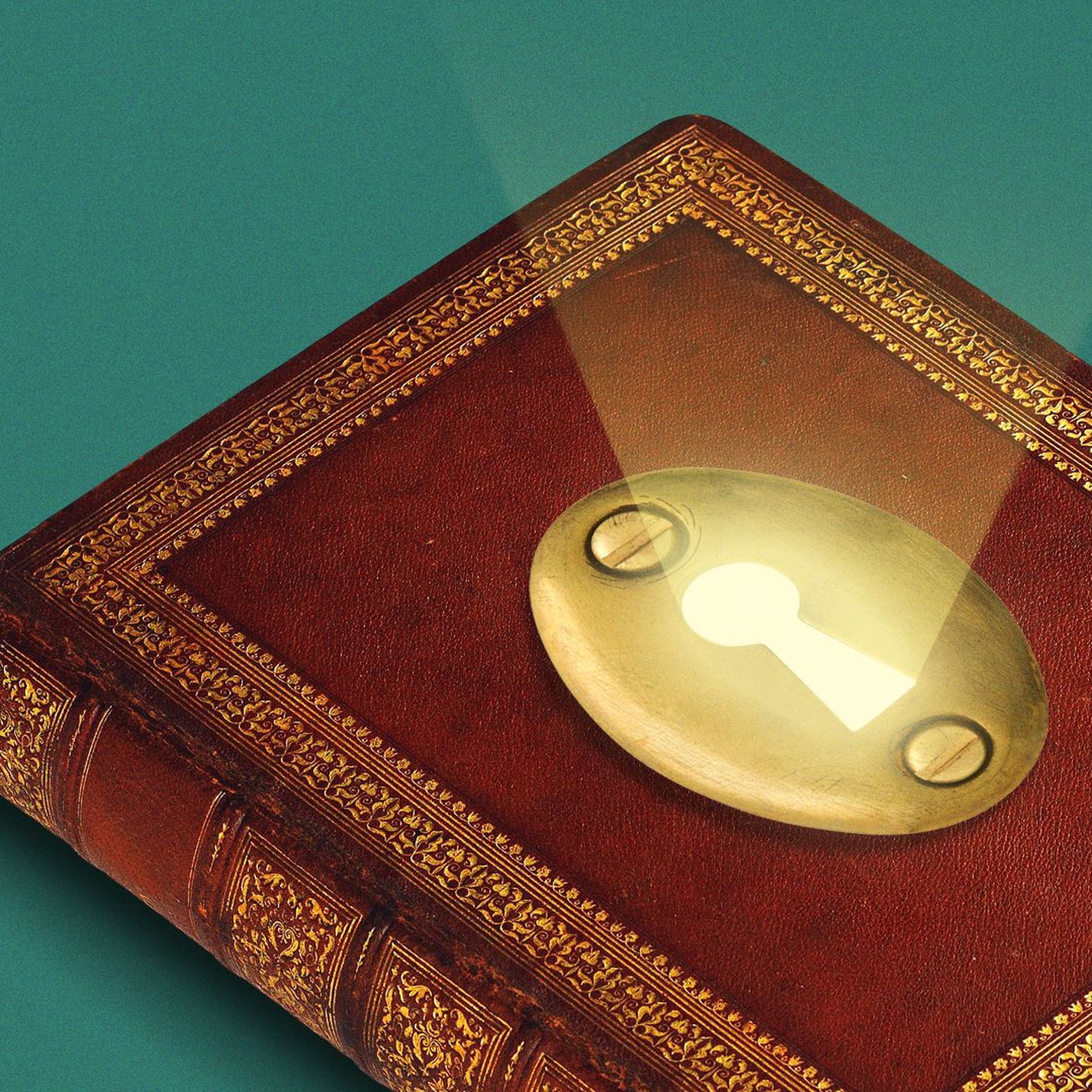 Illustration of a glowing keyhole on an old book.