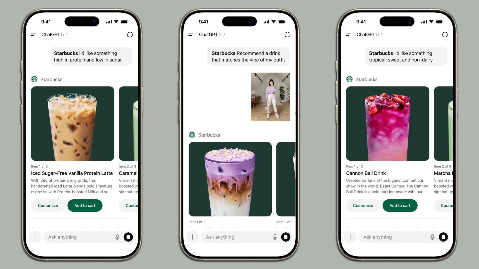 Three iPhone screens side by side show a chat-style Starbucks menu: left and right show drink cards, middle features a person posing with a drink image above the card grid; gray background.