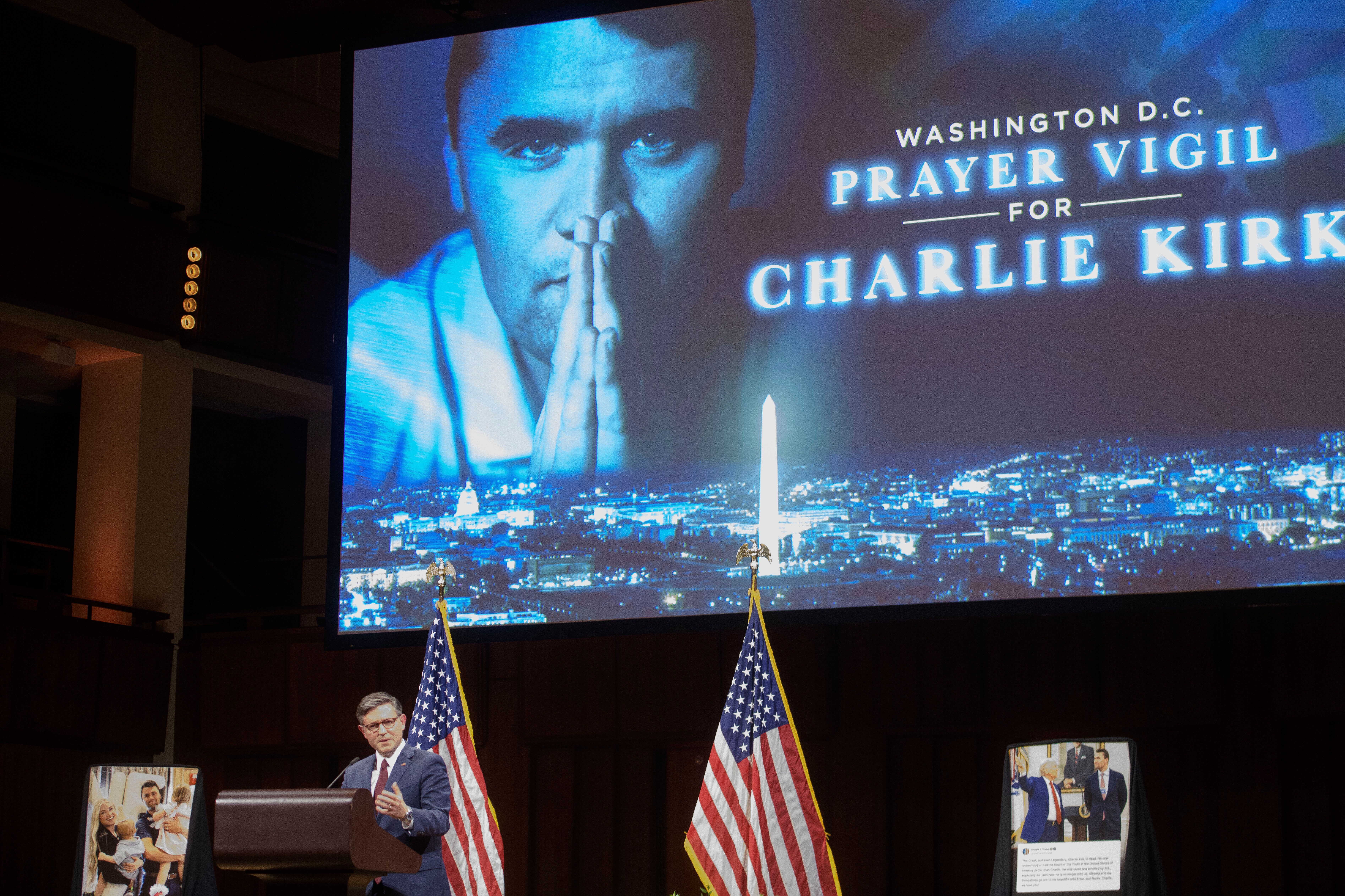 Speaker of the House Mike Johnson, R-La., speaks during a memorial and prayer vigil for Charlie Kirk at the John F. Kennedy Memorial Center for the Performing Arts, Sunday, Sept. 14, 2025, in Washington. (AP Photo/Rod Lamkey, Jr.)