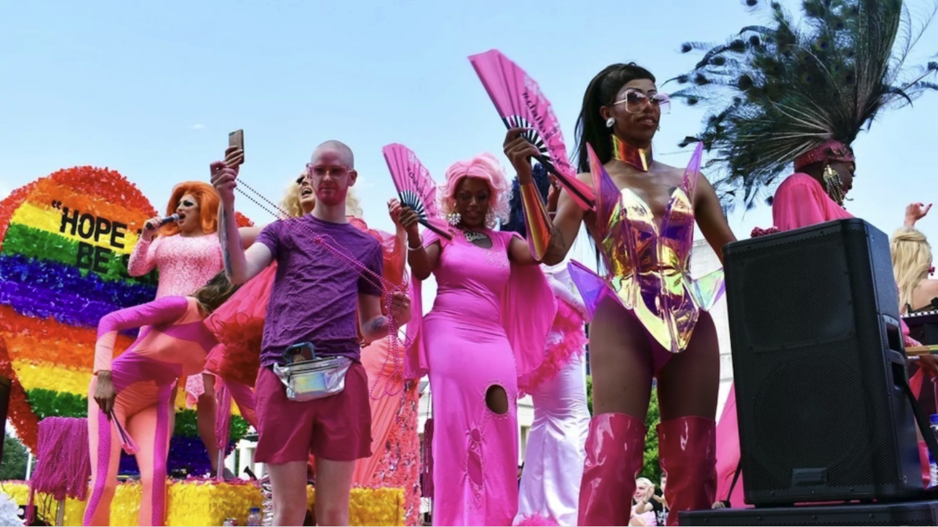 A photo of a Pride parade float