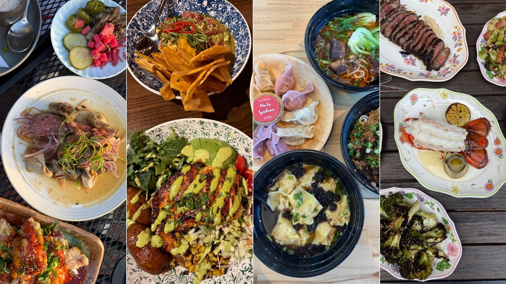 A collage of diverse dishes including fresh salads, dumplings, noodles, tacos, steak, and seafood, arranged on colorful plates and wooden tables.