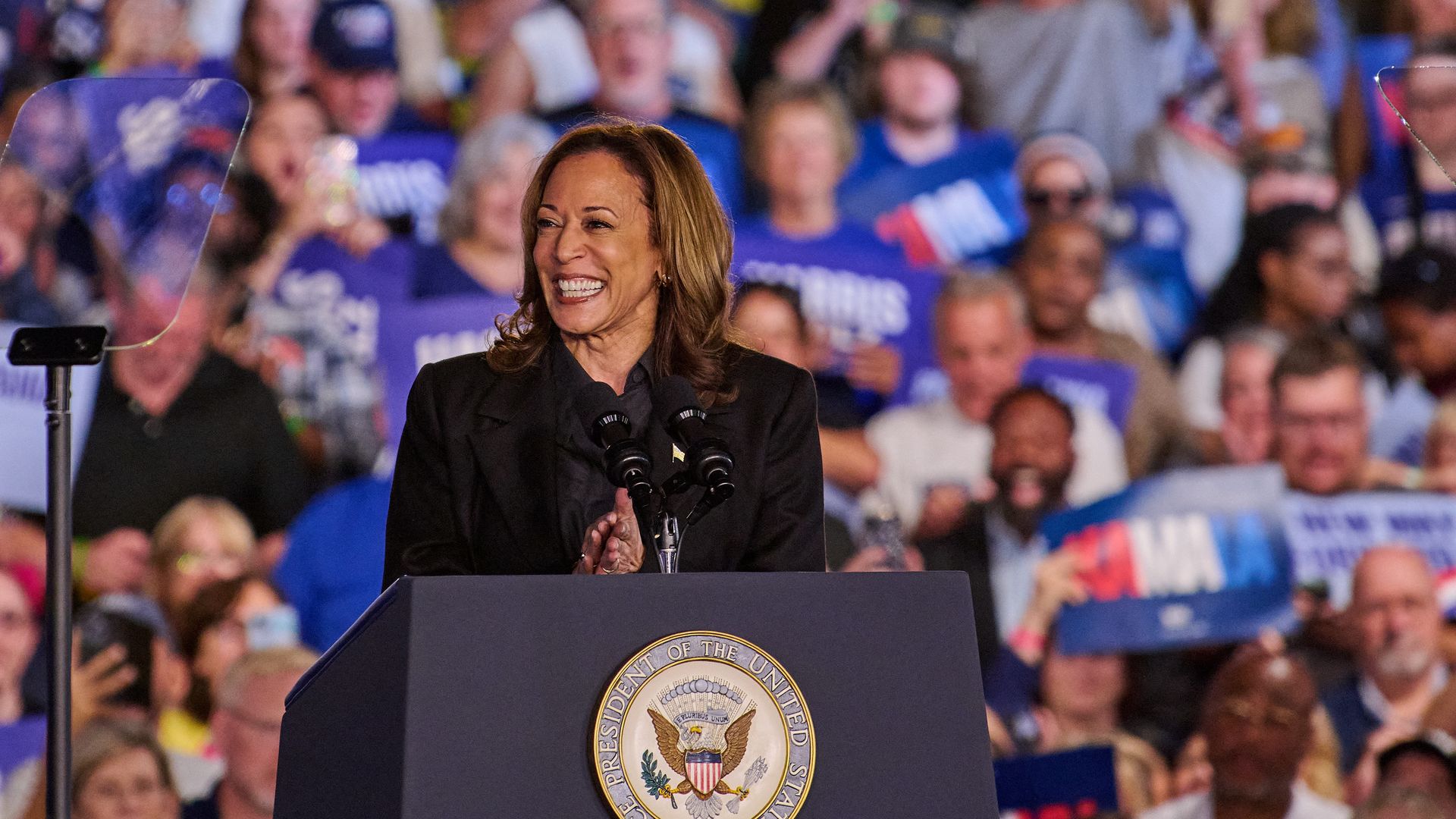 Vice President Kamala Harris holds a rally on Friday, Sept. 13, 2024 at the McHale Athletic Club in Wilkes-Barre, PA. (Photo by Dominic Gwinn / Middle East Images / Middle East Images via AFP) (Photo by DOMINIC GWINN/Middle East Images/AFP via Getty Images)