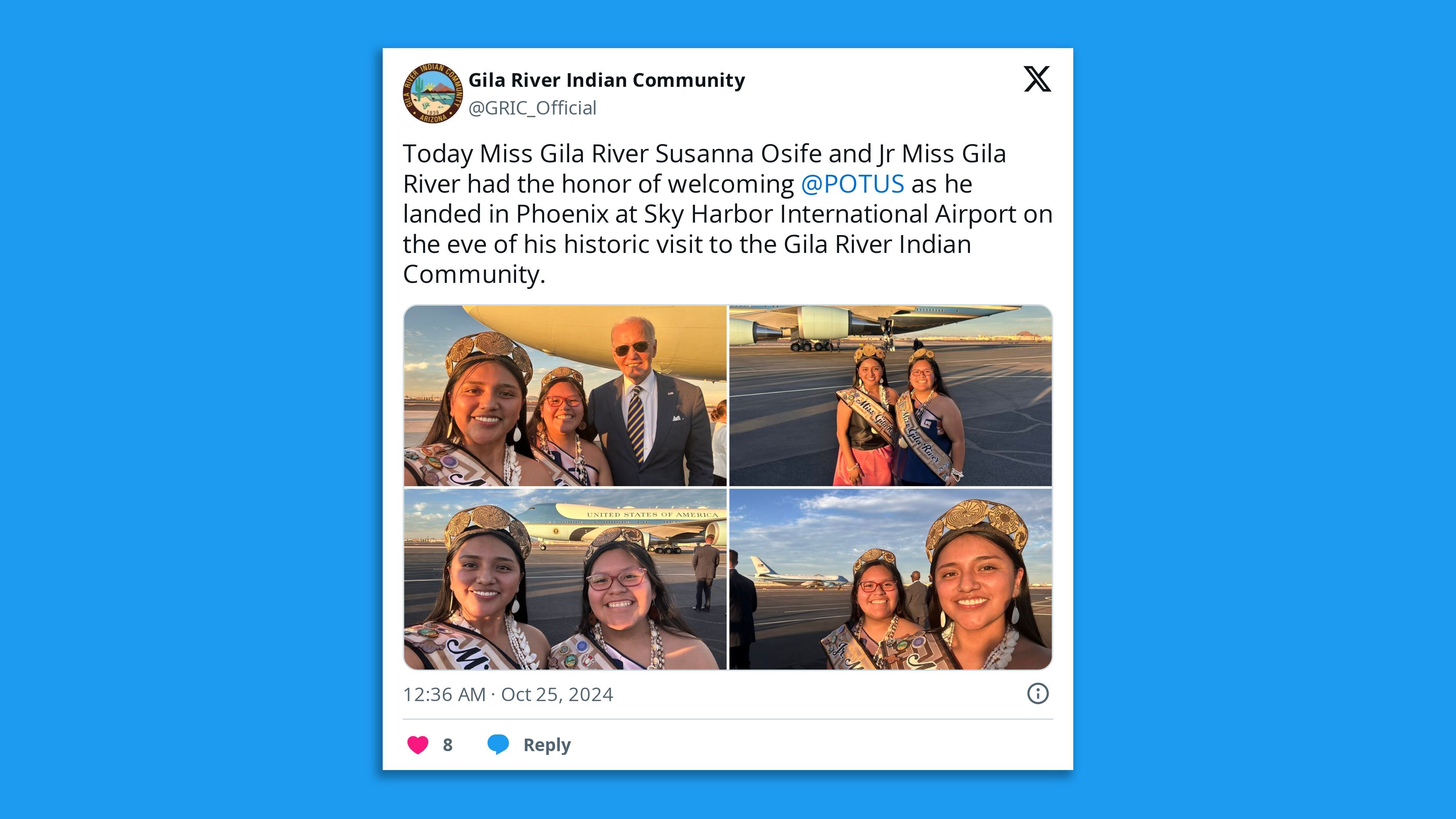 A screenshot of a photo tweet by the Gila River Indian Community, saying: "Today Miss Gila River Susanna Osife and Jr Miss Gila River had the honor of welcoming  @POTUS  as he landed in Phoenix at Sky Harbor International Airport on the eve of his historic visit to the Gila River Indian Community." 