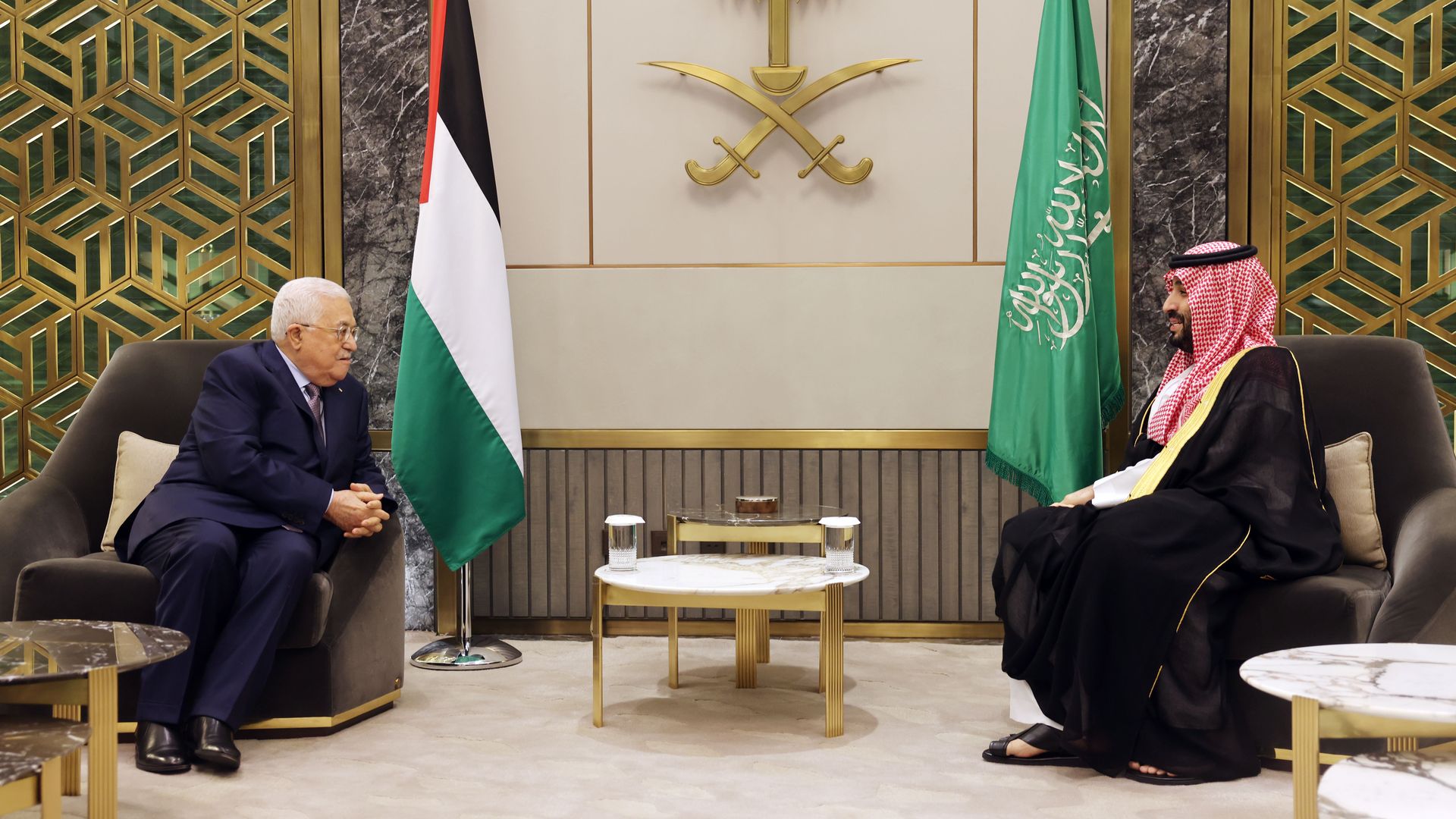 Palestinian President Mahmud Abbas meets with Saudi Arabian Crown Prince Mohammed bin Salman during an official visit in Jeddah on April 18. Photo: Handout/Palestinian Presidency/Anadolu Agency via Getty Images