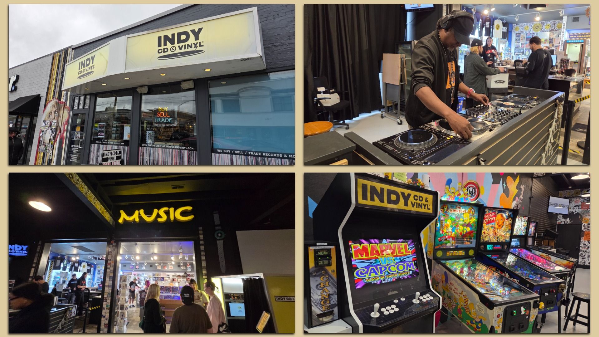 Collage of four images: Indy CD & Vinyl store exterior with neon sign, DJ playing records inside, customers browsing under a bright "MUSIC" sign, and arcade games including "Marvel vs Capcom" and "The Simpsons".