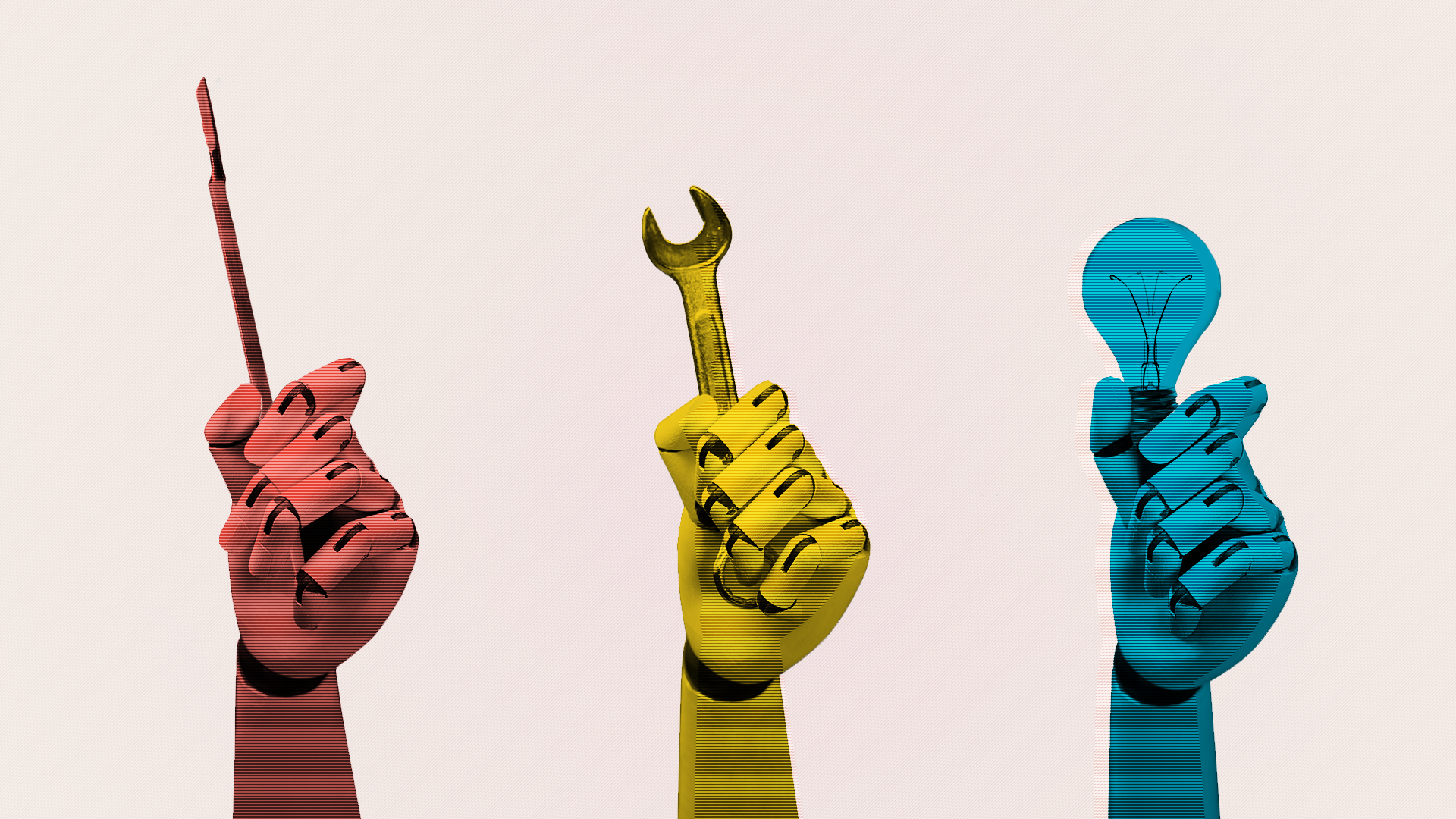 Illustration of robot arms holding a scalpel, a wrench and a light bulb.